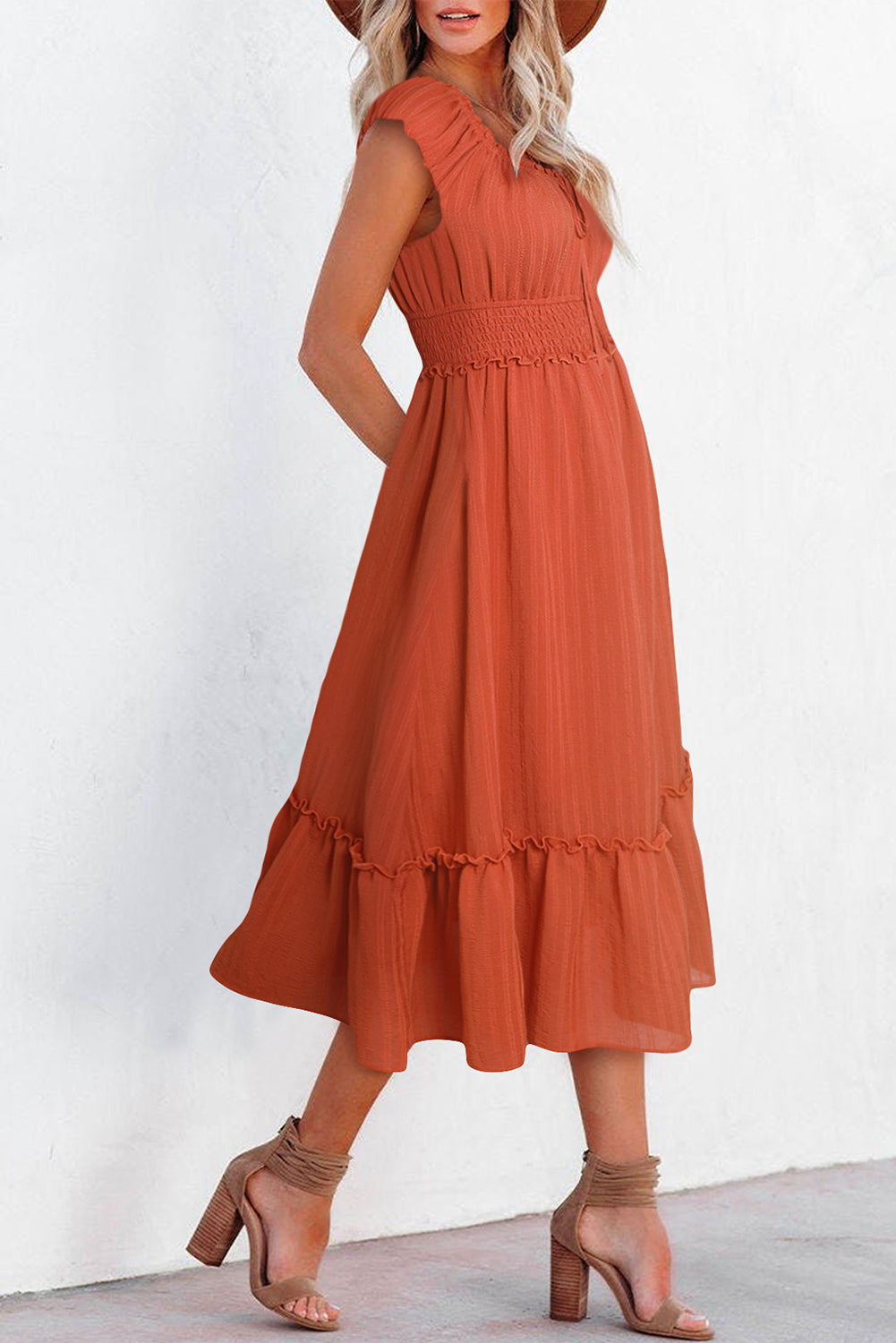 Puff Sleeve Tied V-Neck Smock Waist Frill Midi Dress