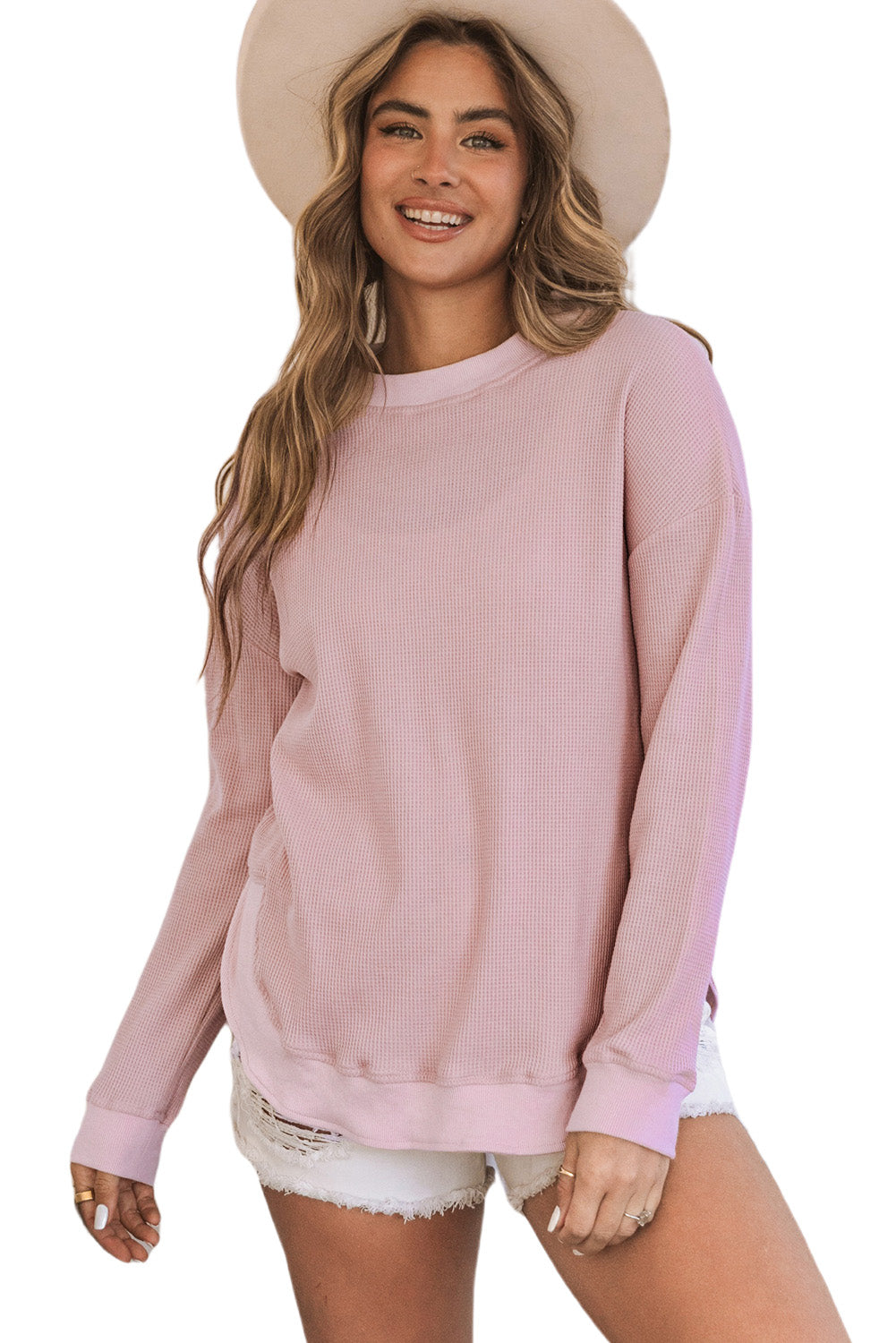 Waffle Knit Crew Neck Casual Long Sleeve Top