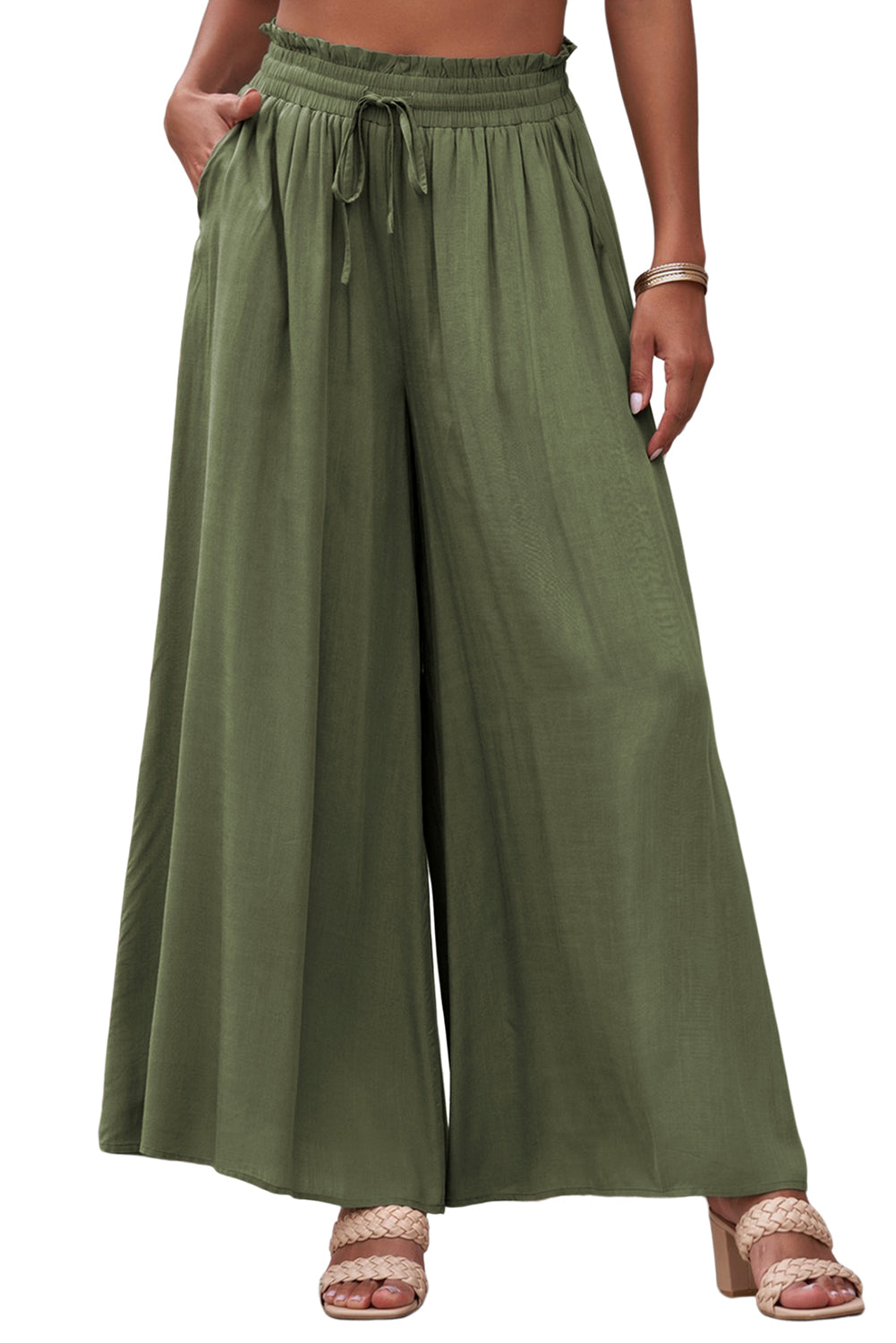 Beige Drawstring Smocked High Waist Wide Leg Pants