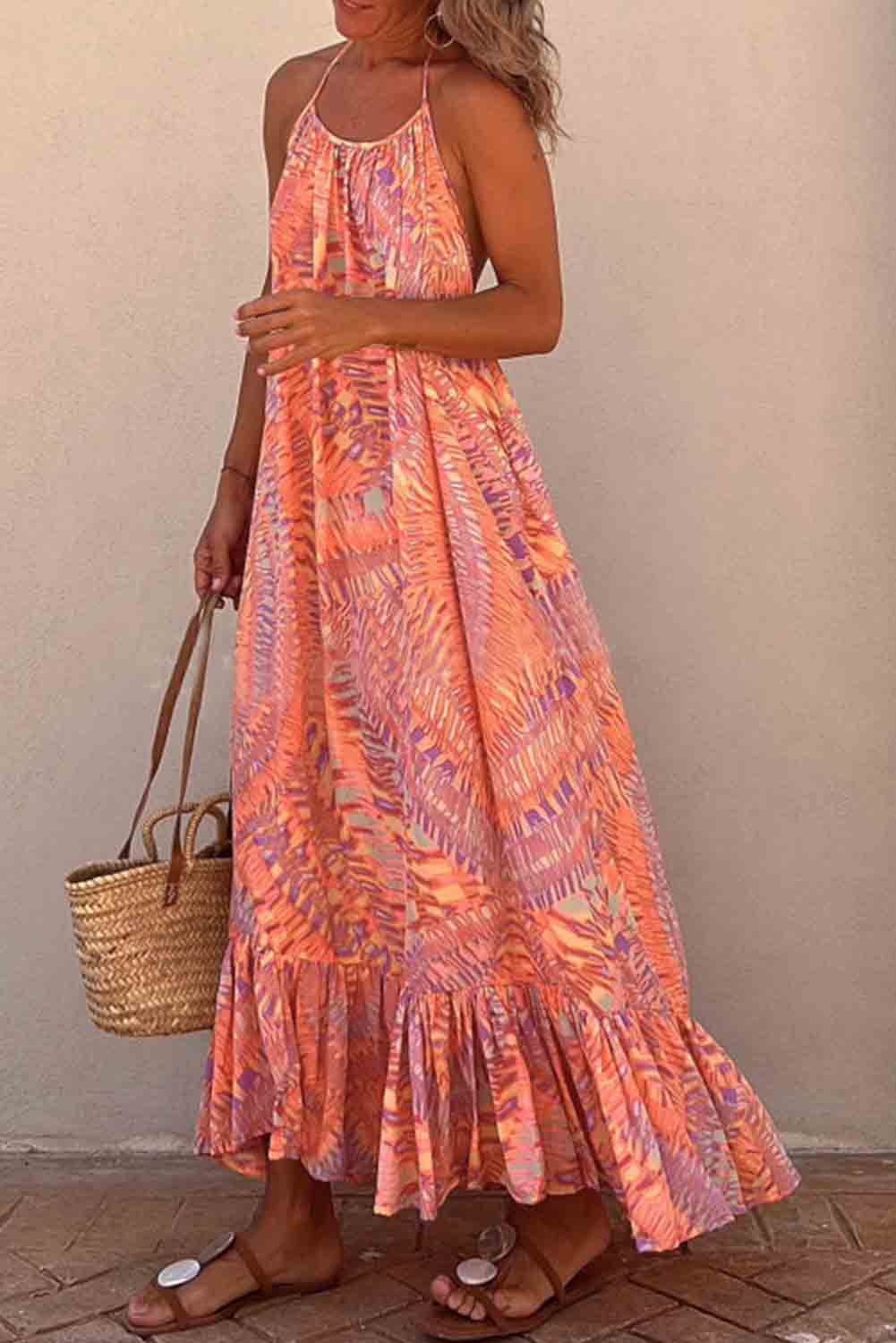 Geometric Print Tassel Tie Halterneck Maxi Dress