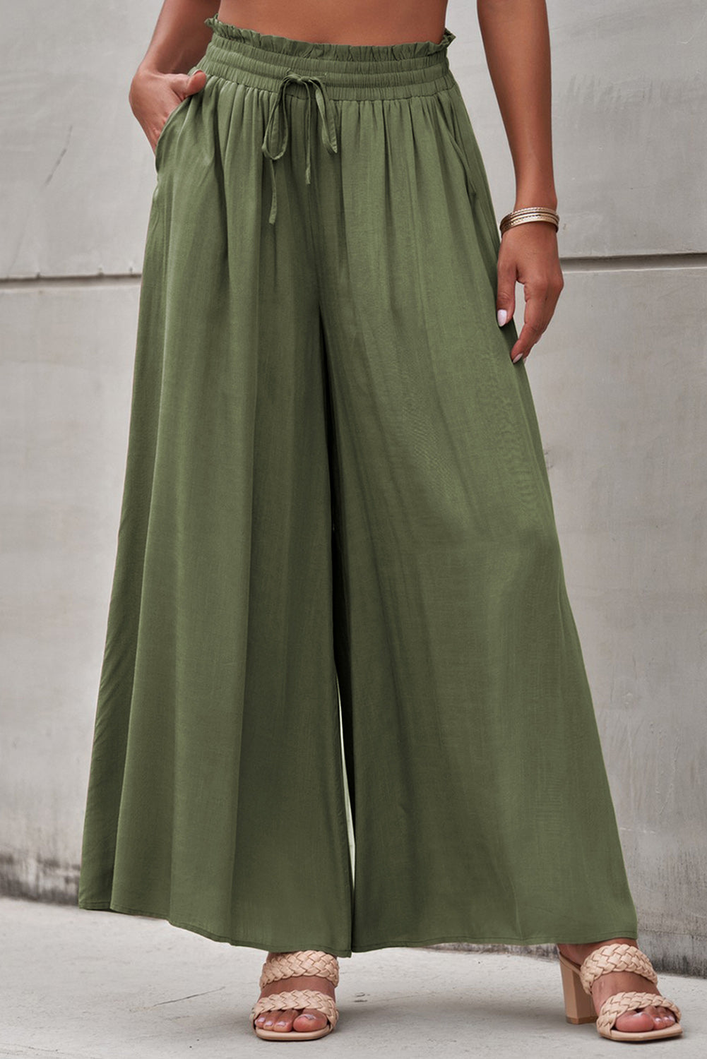 Beige Drawstring Smocked High Waist Wide Leg Pants