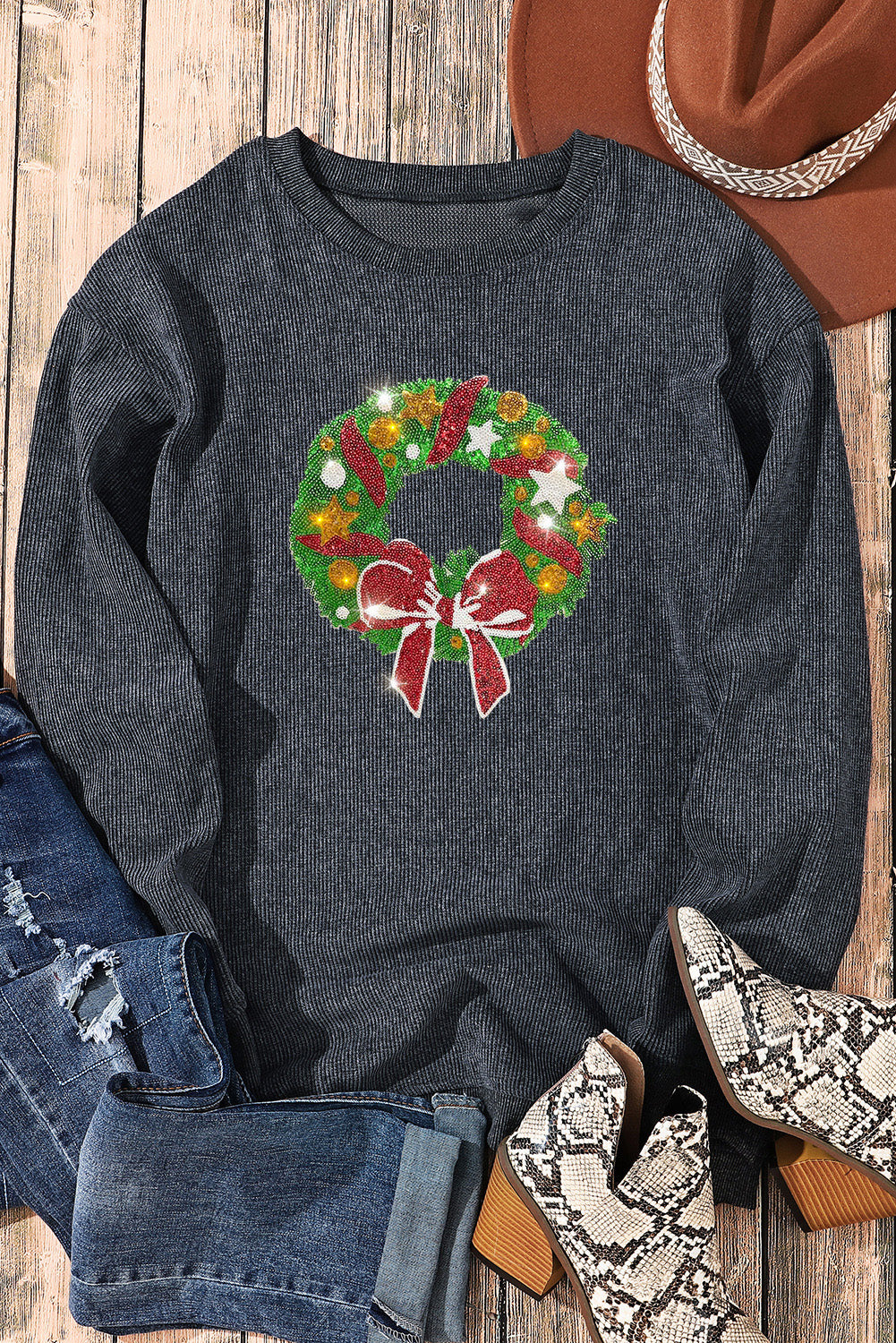 Black Plus Size Corded Round Neck Sweatshirt