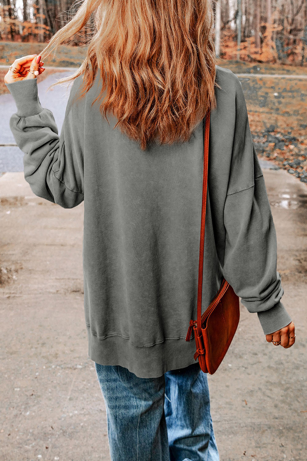 Leopard Print Drop Shoulder Slit Oversized Sweatshirt