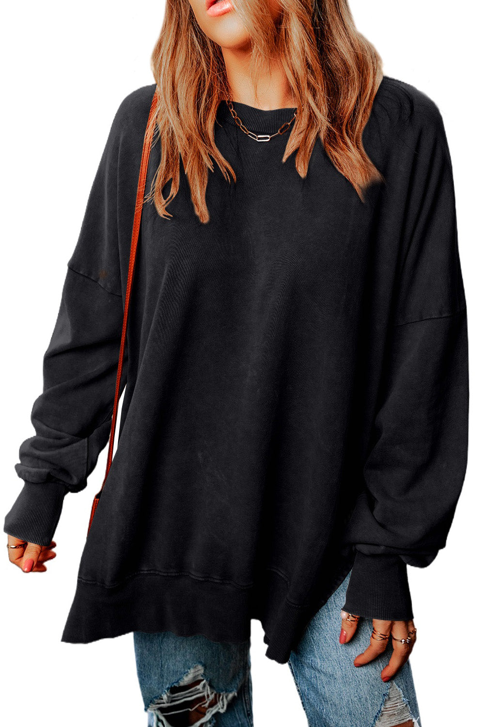 Leopard Print Drop Shoulder Slit Oversized Sweatshirt