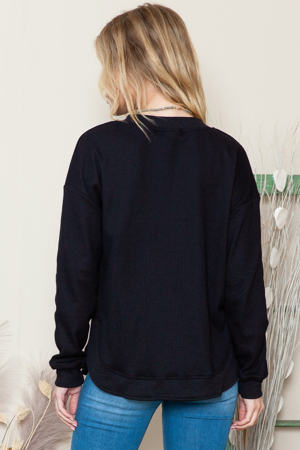 Waffle Knit Crew Neck Casual Long Sleeve Top