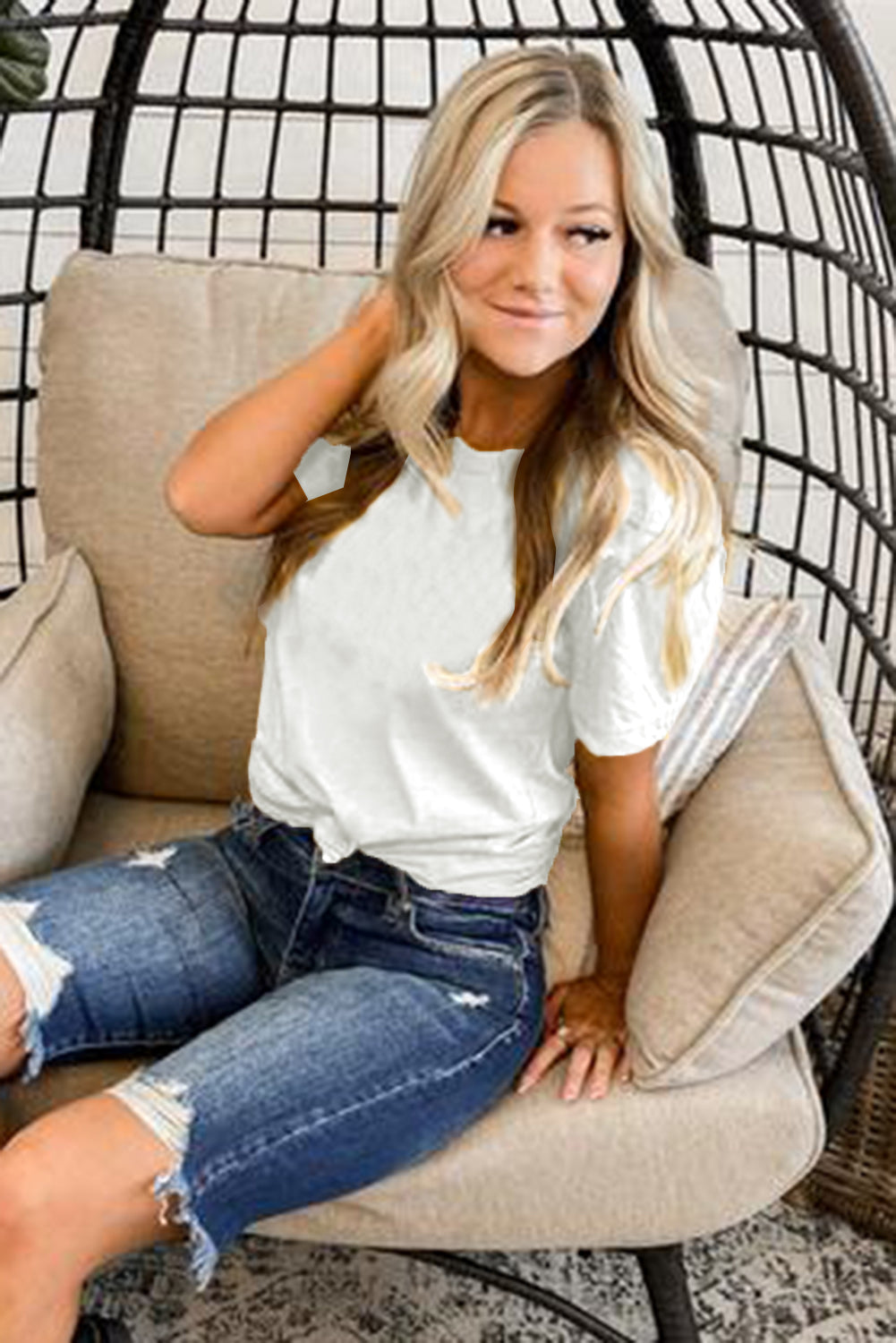 White Round Neck Rolled Sleeve Plus Size T-shirt