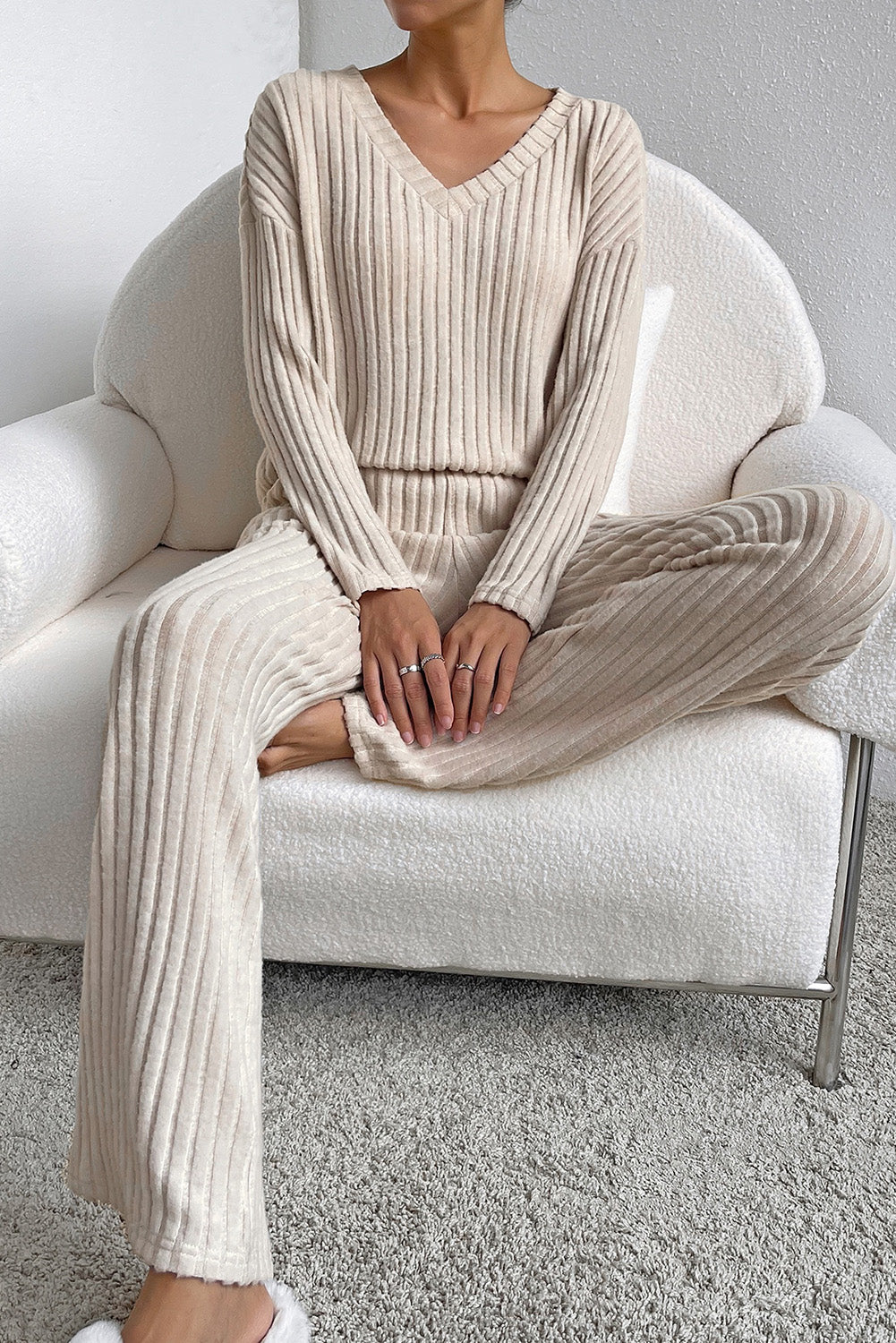 Parchment Plus Size Ribbed V Neck Pullover and Pants Set