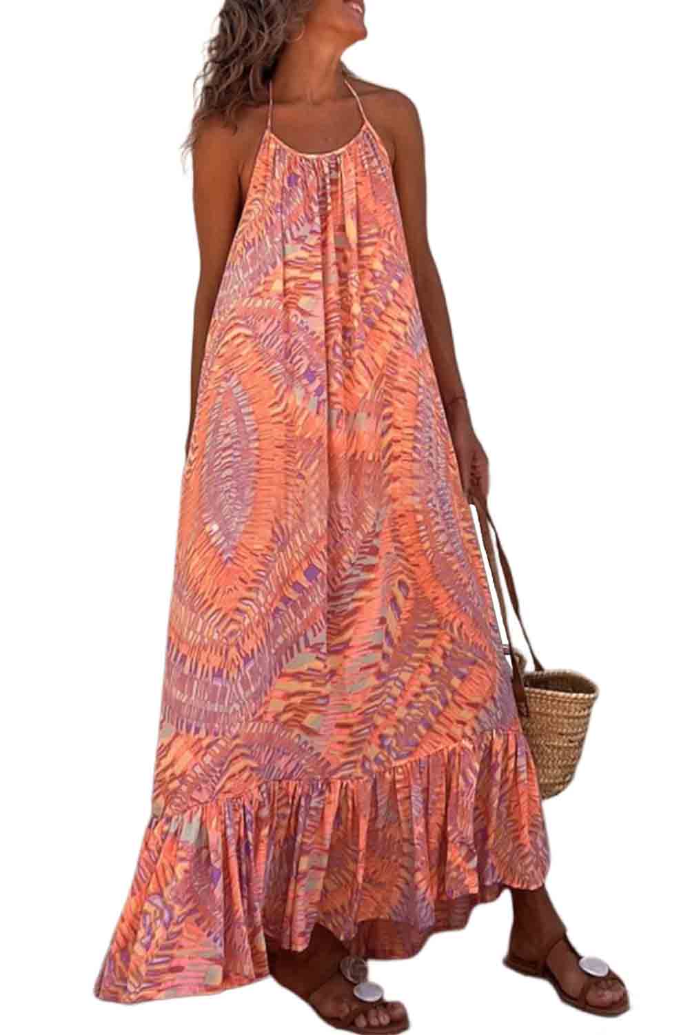 Geometric Print Tassel Tie Halterneck Maxi Dress