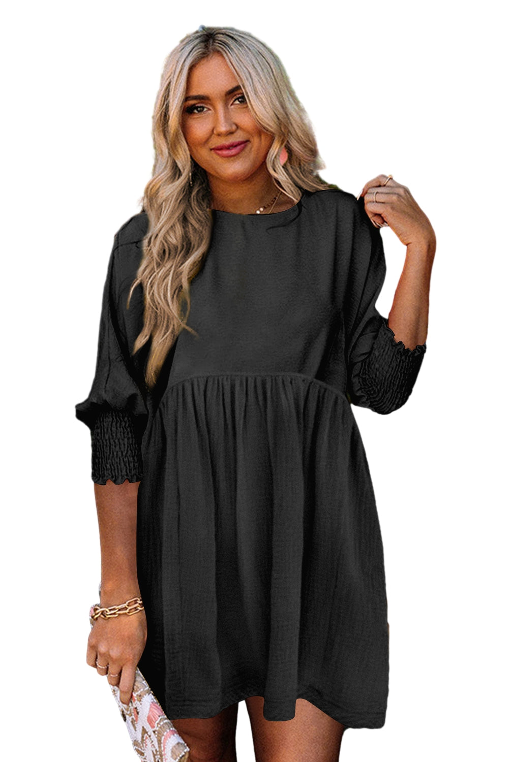 Purple Printed Boho Floral Frilled Neck Shirred Bracelet Sleeve Dress
