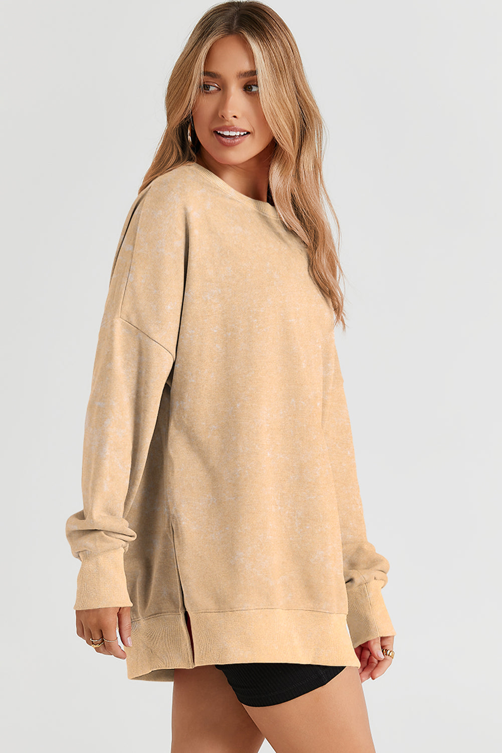 Leopard Print Drop Shoulder Slit Oversized Sweatshirt
