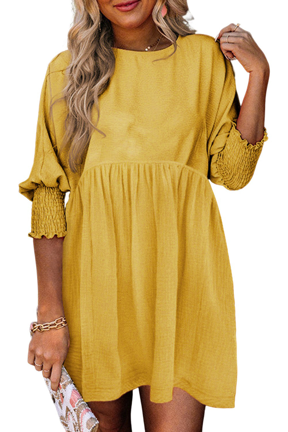 Purple Printed Boho Floral Frilled Neck Shirred Bracelet Sleeve Dress