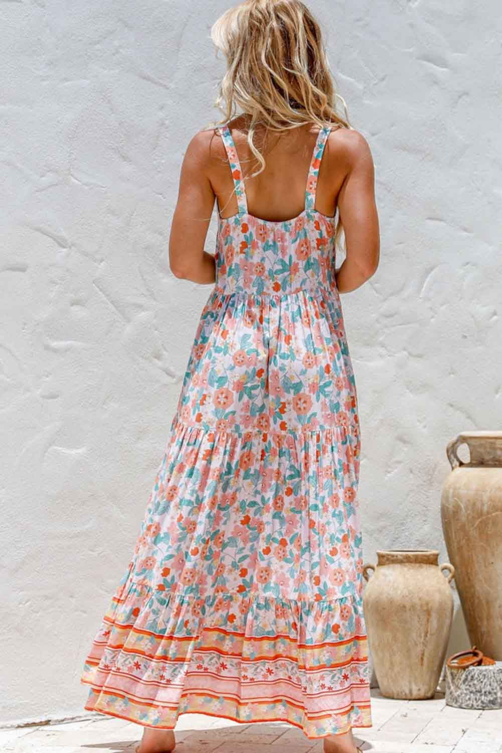 Boho Floral Print Sleeveless Tiered Maxi Dress