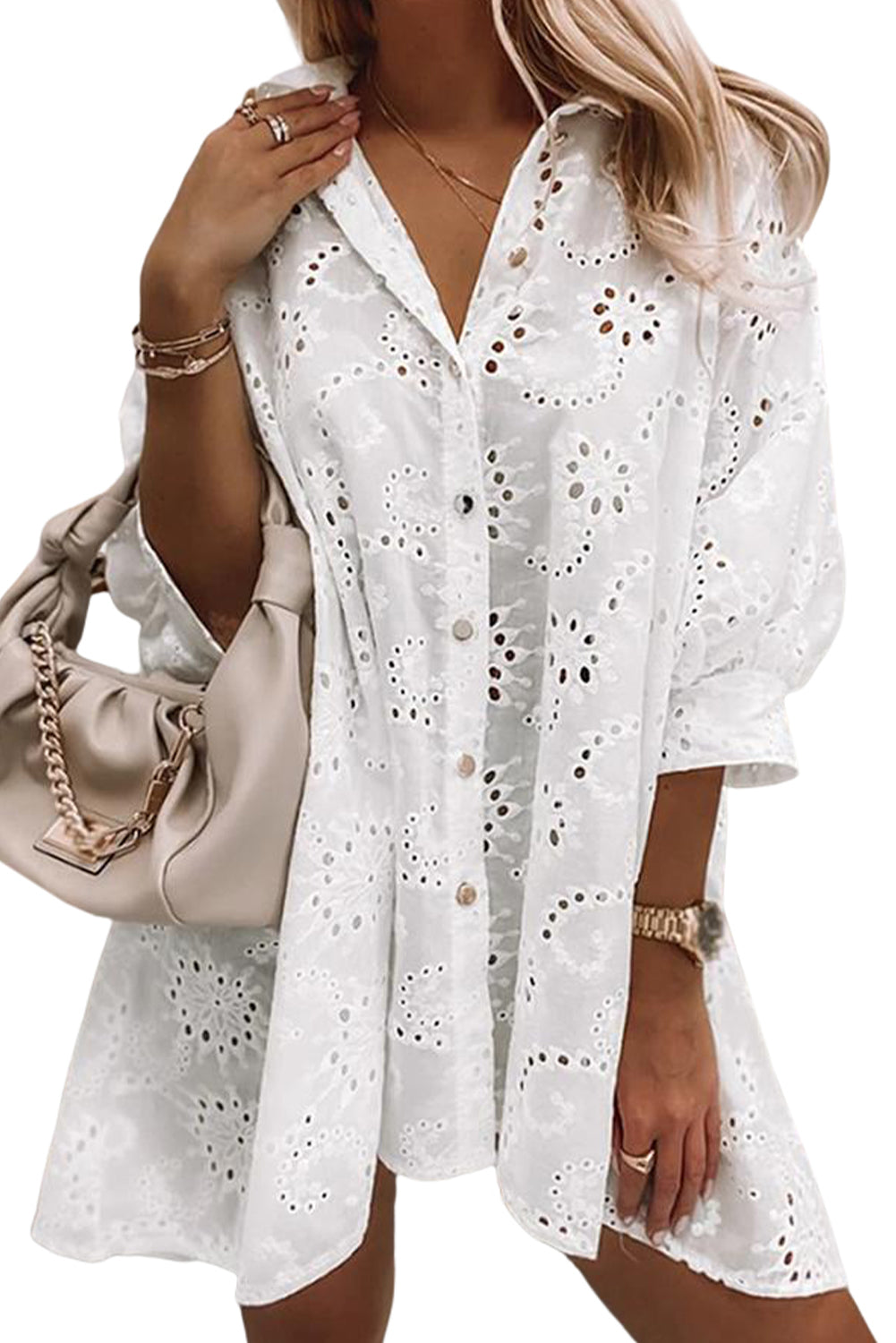 Eyelet Floral Pattern Shirt Babydoll Dress