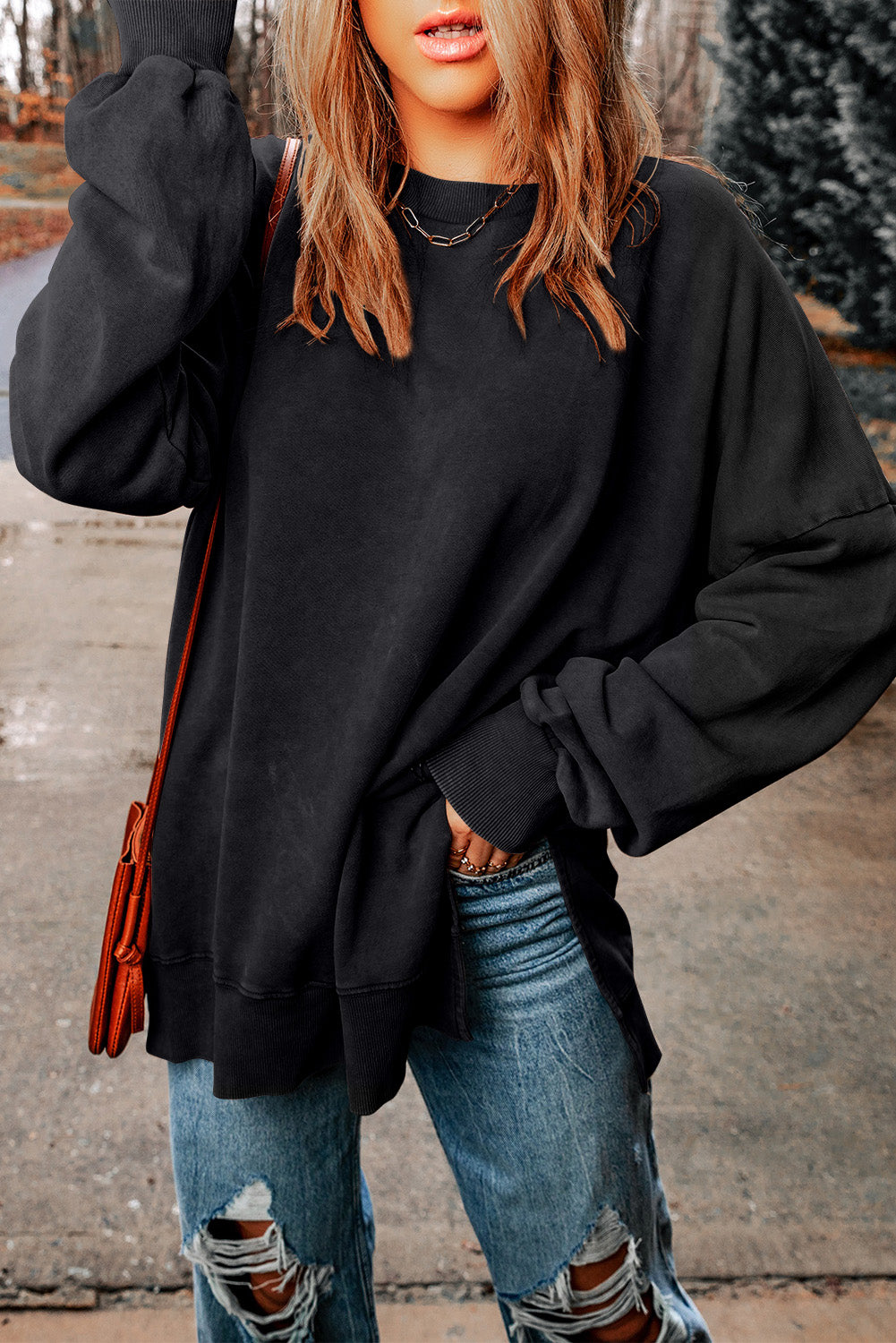Leopard Print Drop Shoulder Slit Oversized Sweatshirt