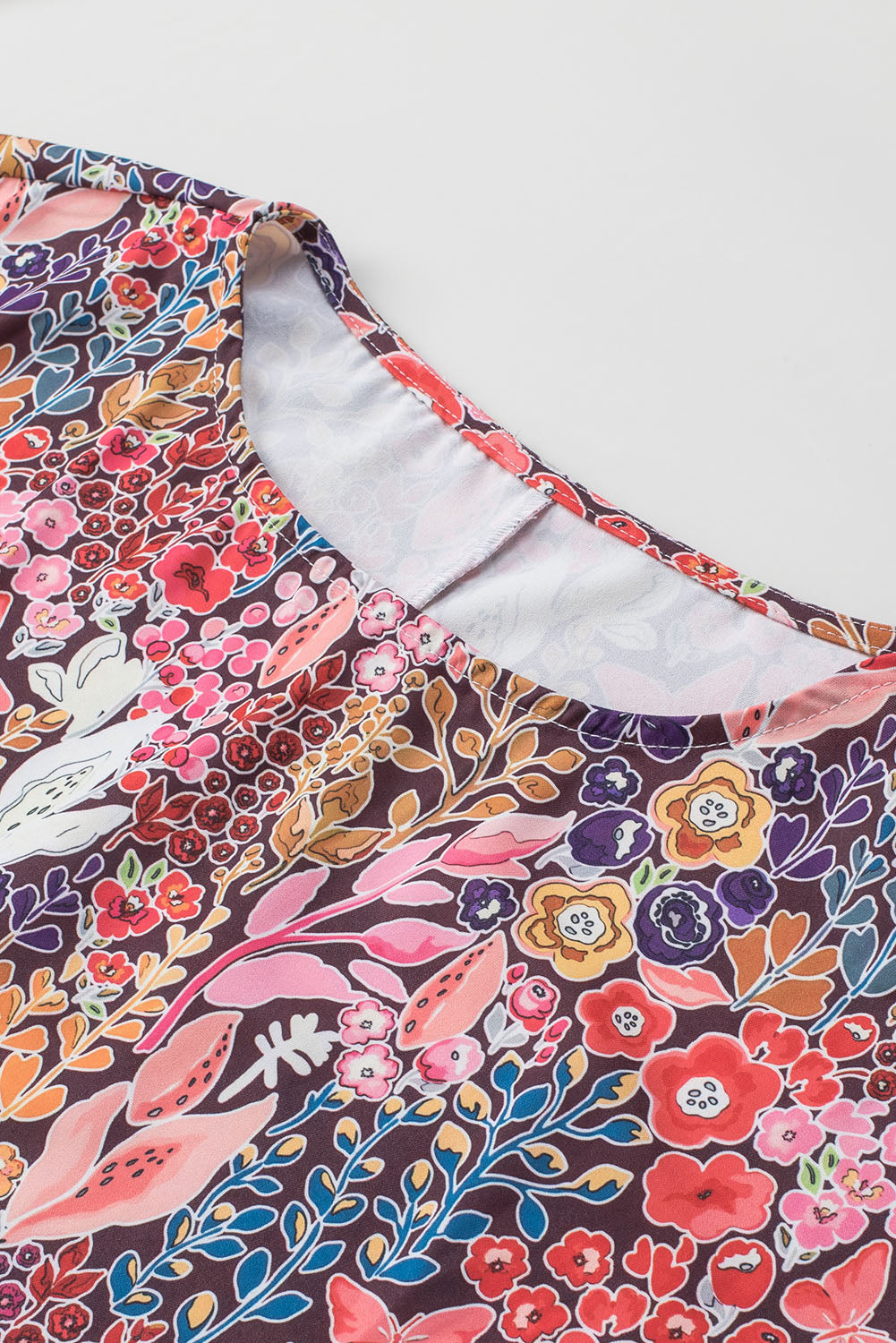 Purple Printed Boho Floral Frilled Neck Shirred Bracelet Sleeve Dress