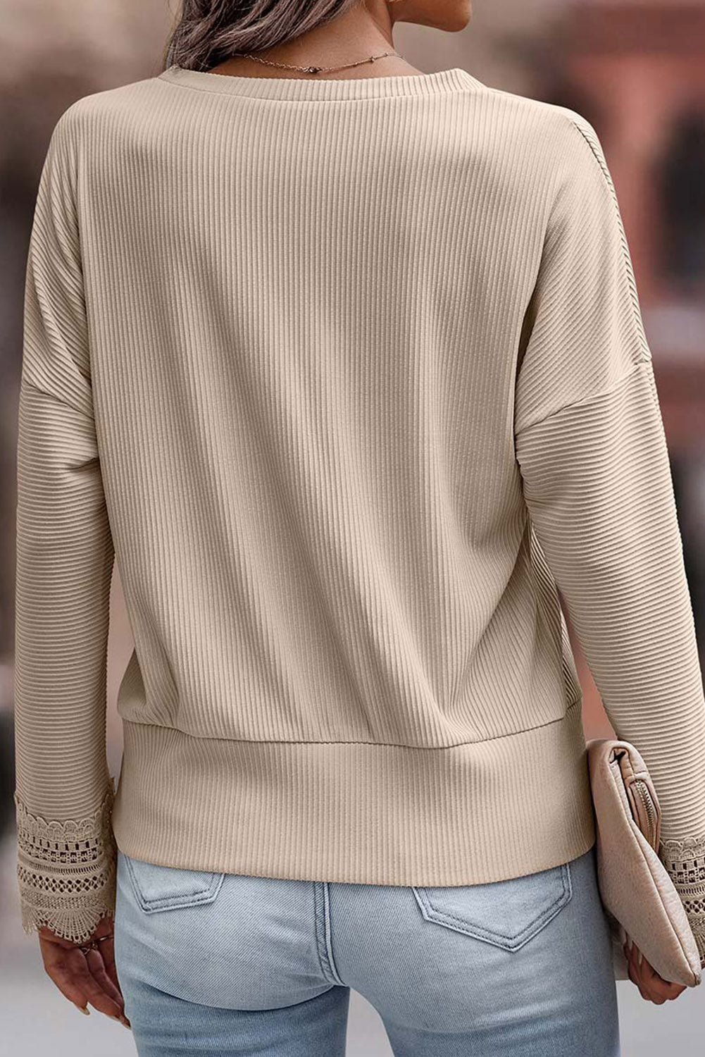 Blue Ribbed Texture Lace Trim V Neck Long Sleeve Top