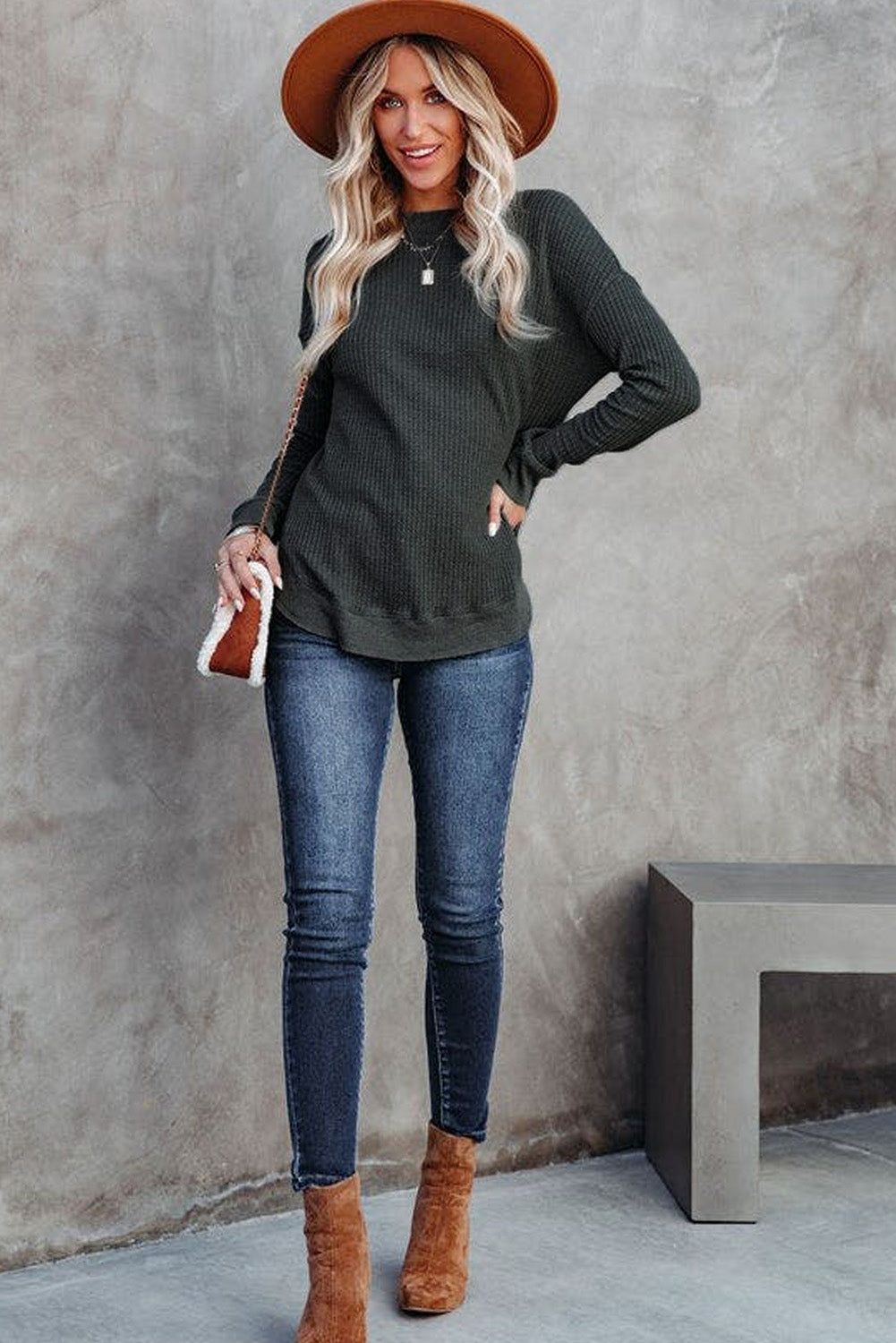 Waffle Knit Crew Neck Casual Long Sleeve Top