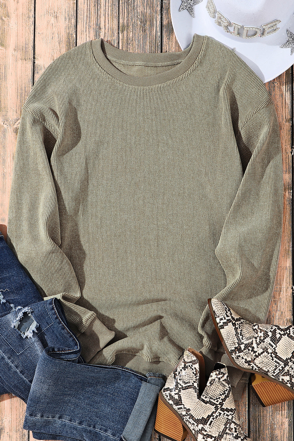 Black Plus Size Corded Round Neck Sweatshirt