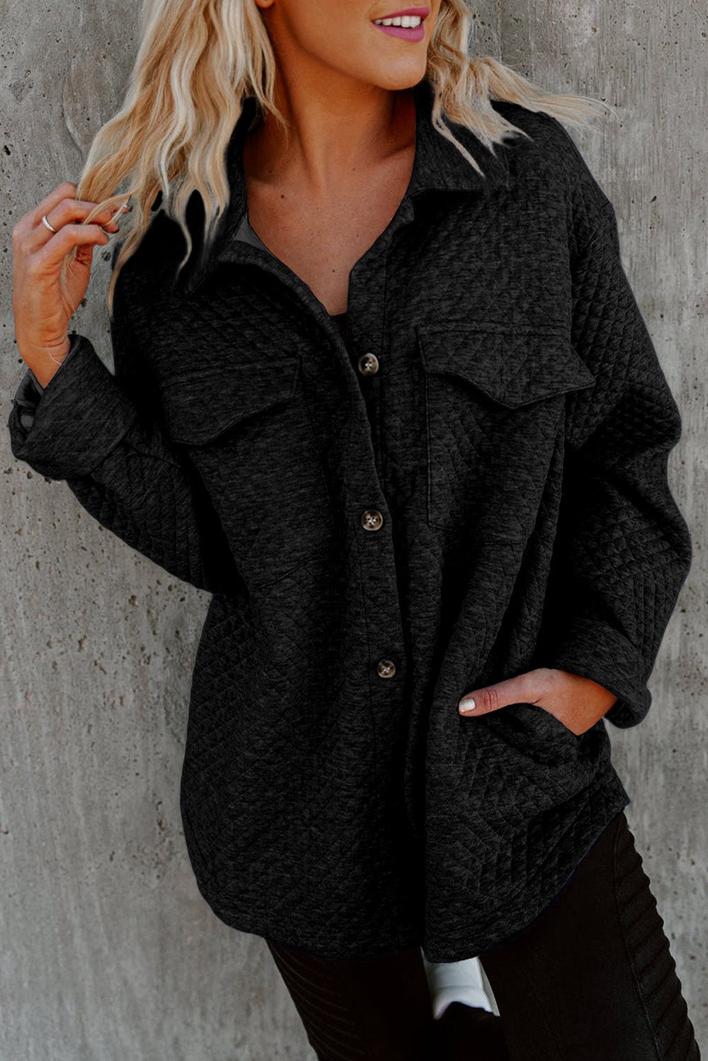 Gray Lattice Texture Retro Flap Pocket Button Shacket