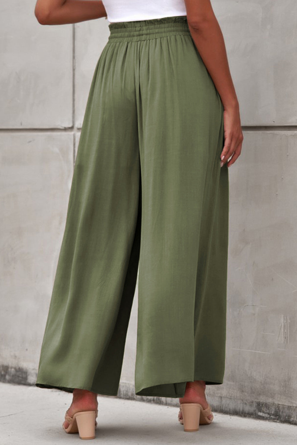 Beige Drawstring Smocked High Waist Wide Leg Pants