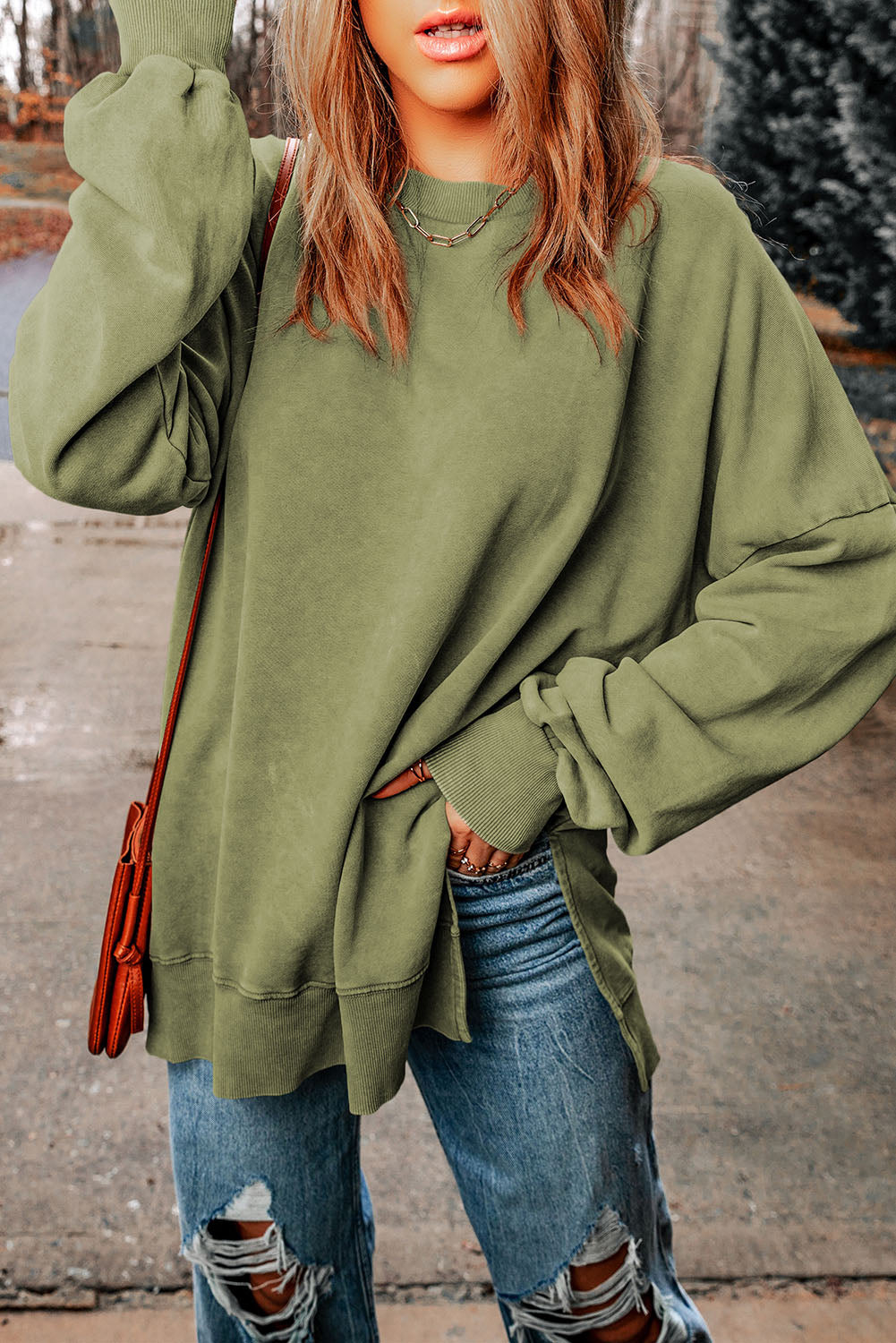 Leopard Print Drop Shoulder Slit Oversized Sweatshirt