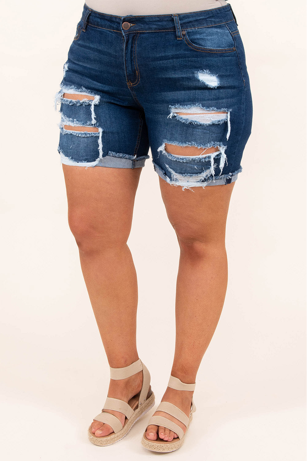 Plus Size Rolled Hem Distressed Denim Shorts