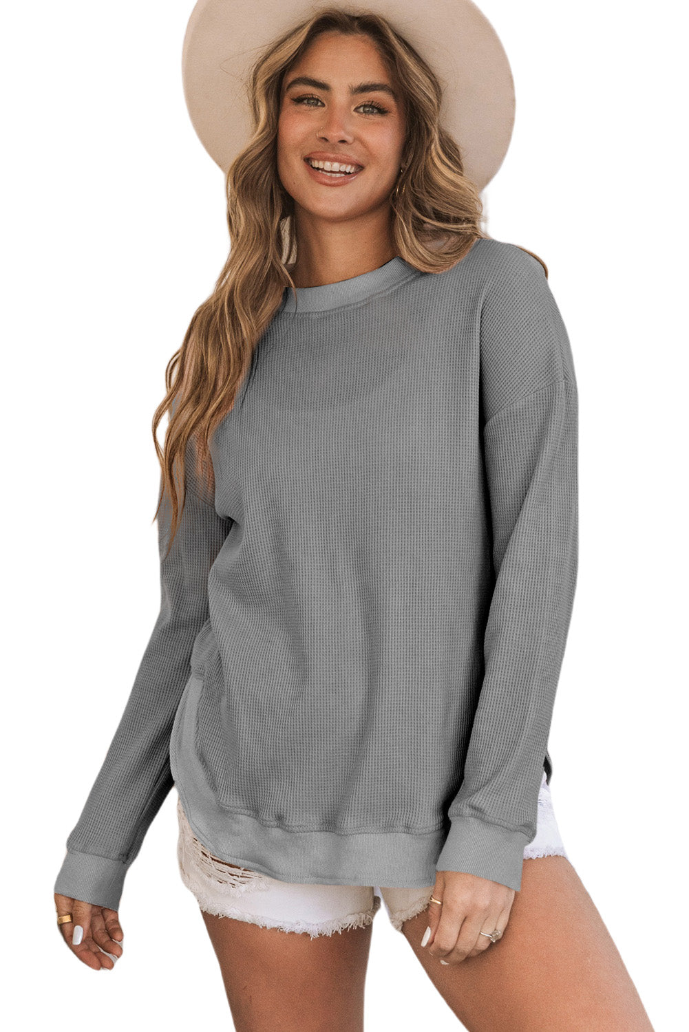 Waffle Knit Crew Neck Casual Long Sleeve Top