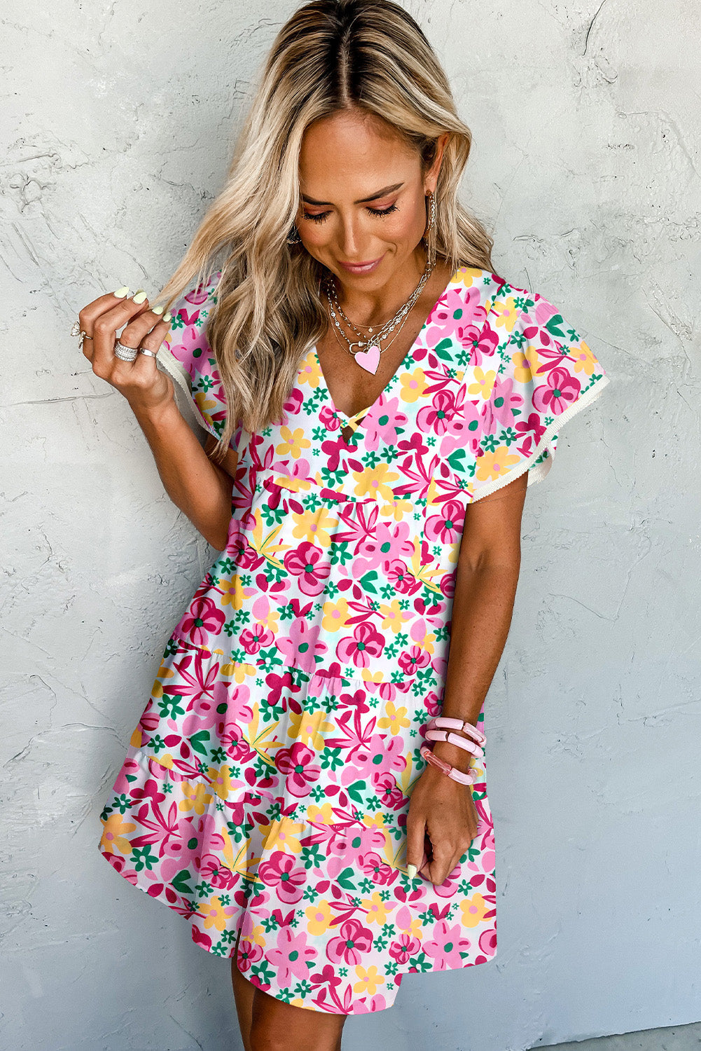 Khaki Printed Crisscross Decor V Neck Flutter Sleeve Dress