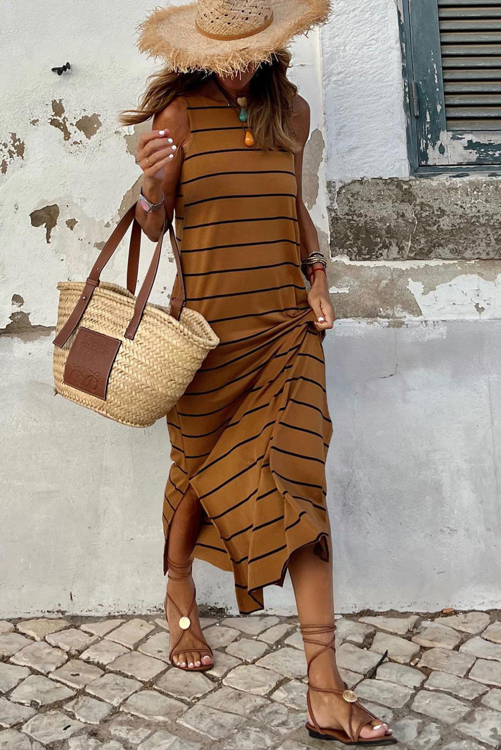 Black Striped Casual Slit Long Dress