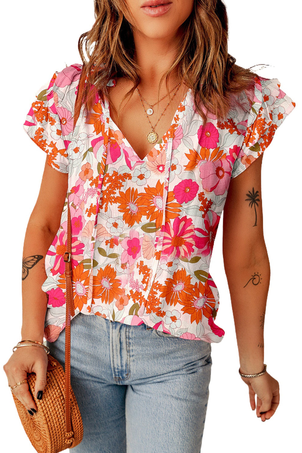 Multicolor Floral V Neck Long Sleeve Skater Dress