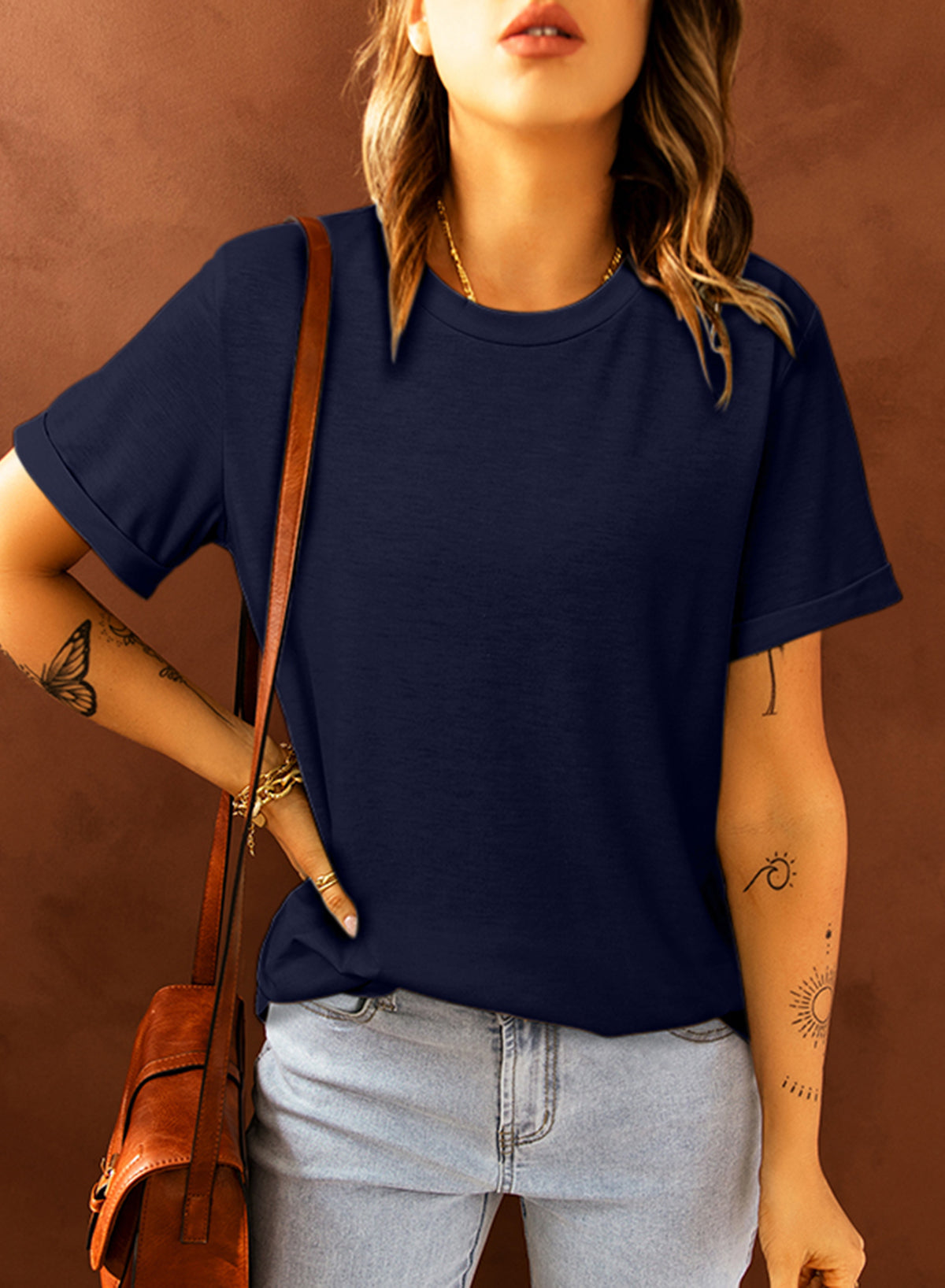 White Round Neck Rolled Sleeve Plus Size T-shirt