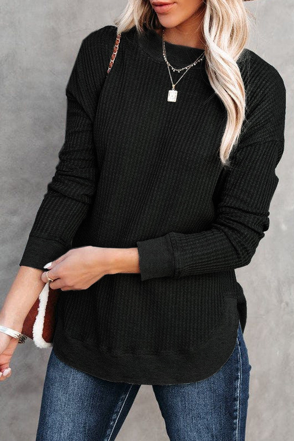 Waffle Knit Crew Neck Casual Long Sleeve Top