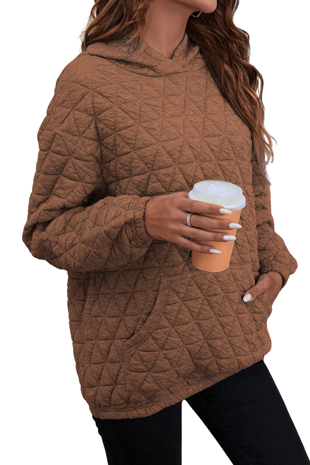 Light Grey Drop Shoulder Quilted Patchwork Kangaroo Pocket Hoodie