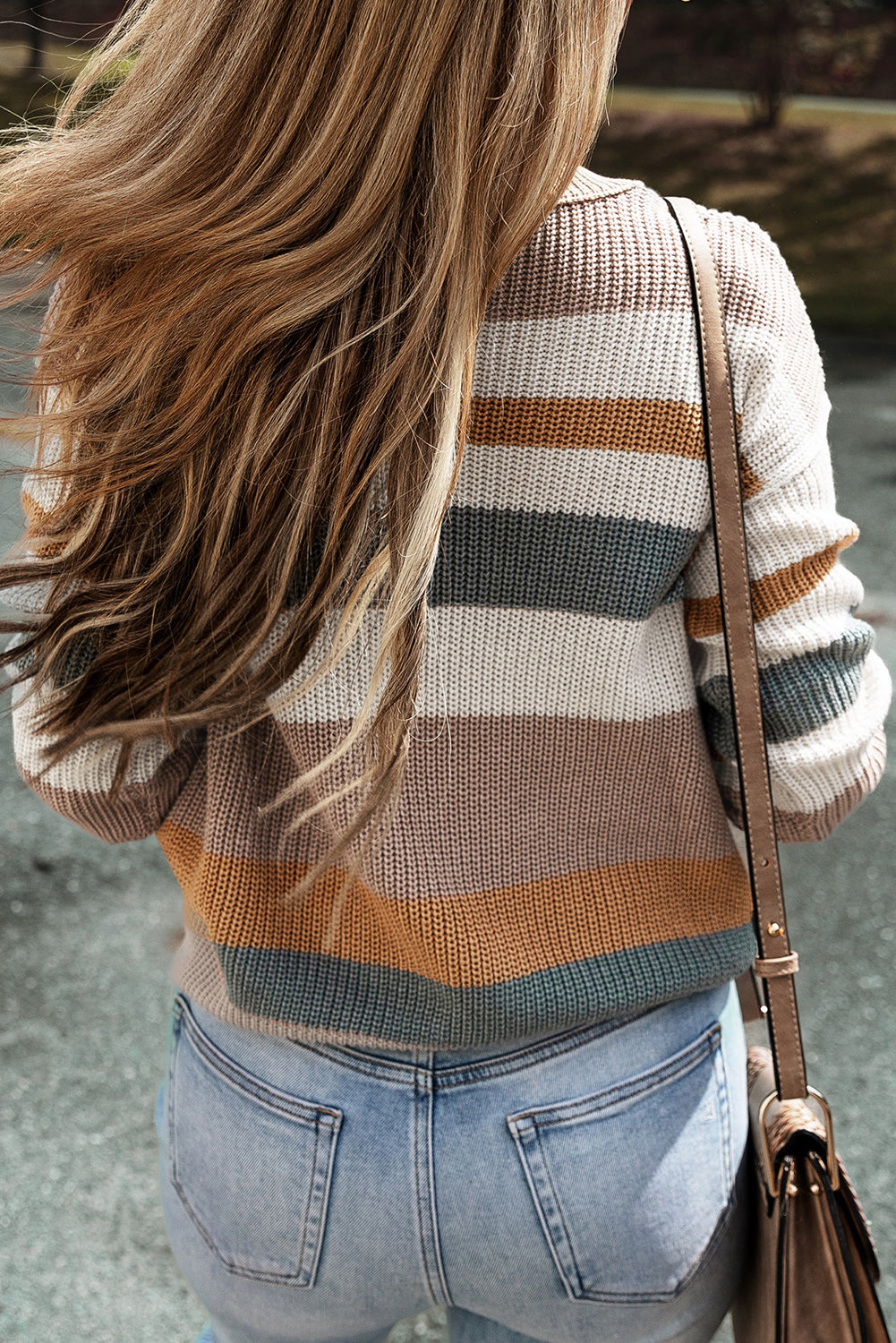 Camel Striped Knit Crew Neck T Shirt Sweater