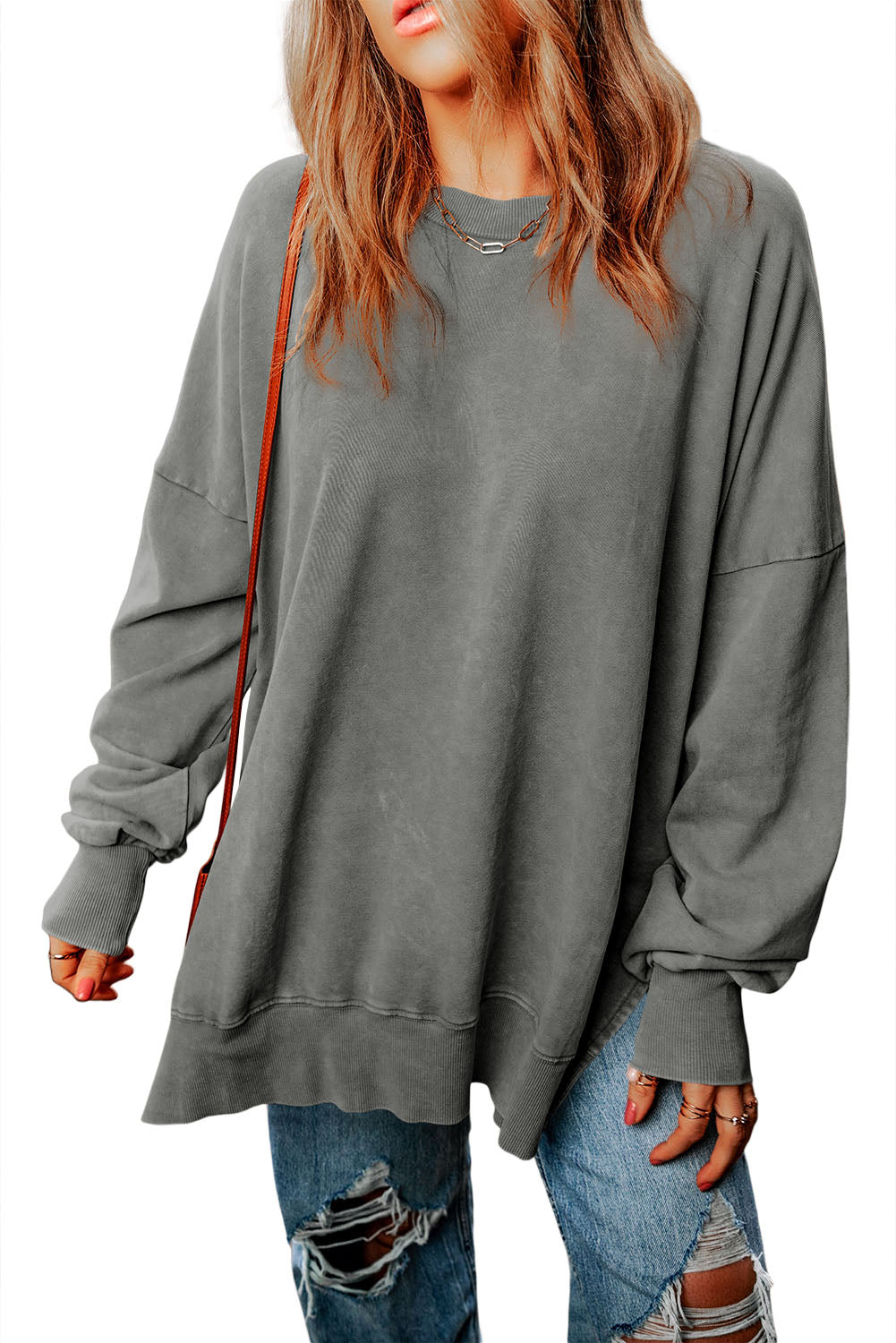 Leopard Print Drop Shoulder Slit Oversized Sweatshirt