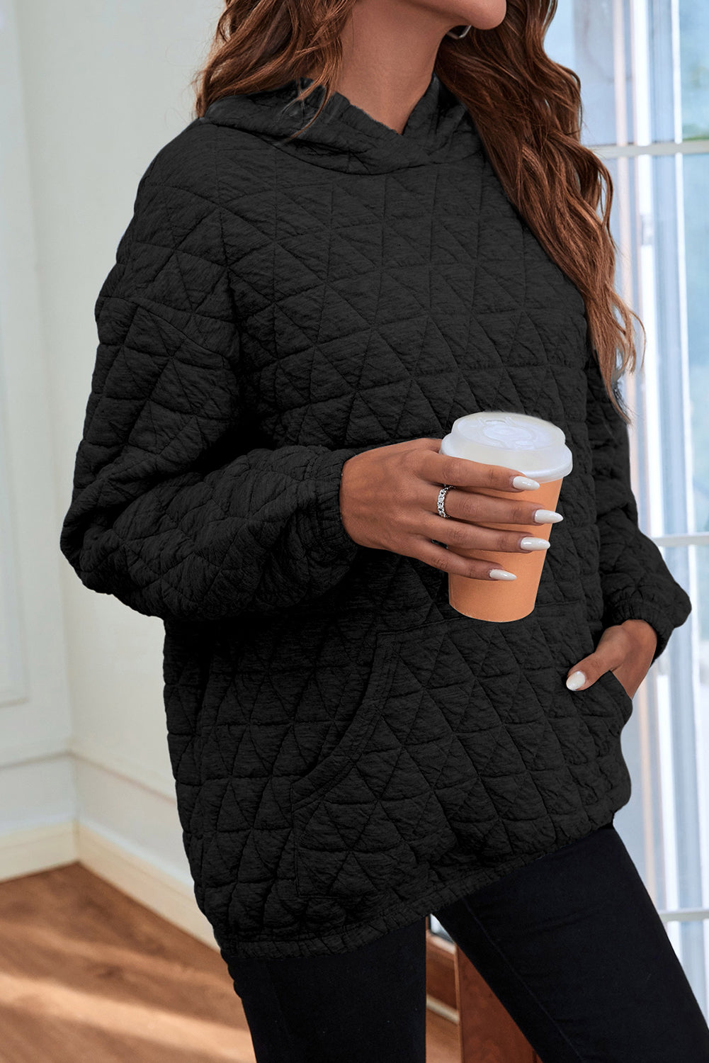 Light Grey Drop Shoulder Quilted Patchwork Kangaroo Pocket Hoodie