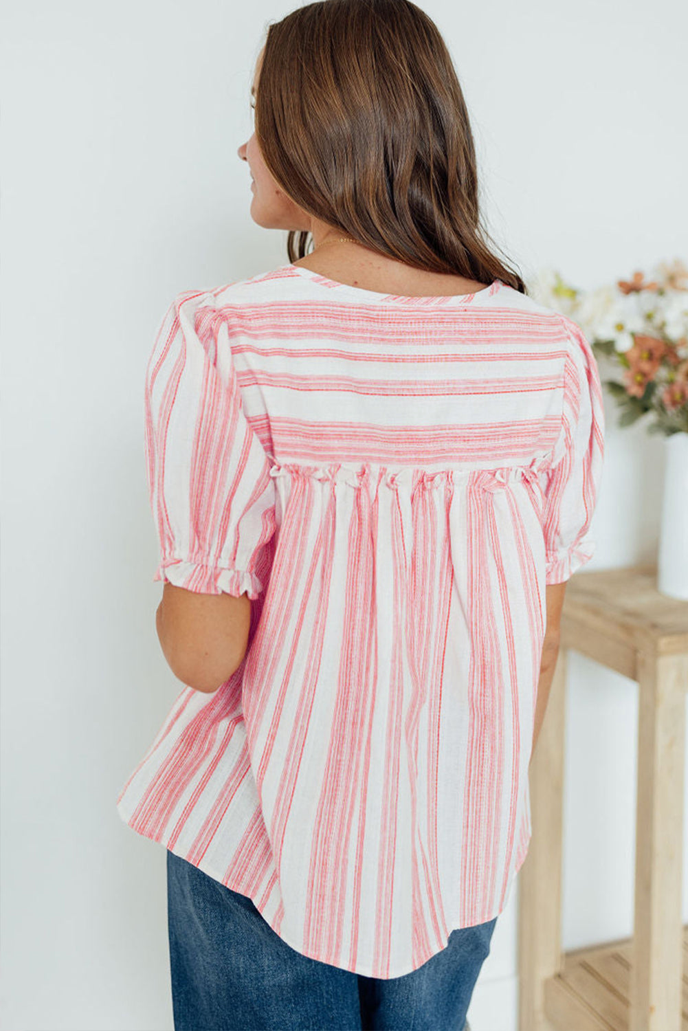 Pink Stripe Plus Size Tassel Tie Frilled Detail Short Sleeve Blouse