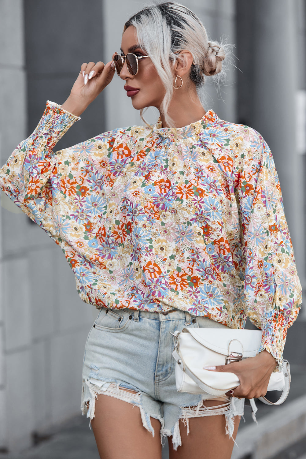 Purple Printed Boho Floral Frilled Neck Shirred Bracelet Sleeve Dress