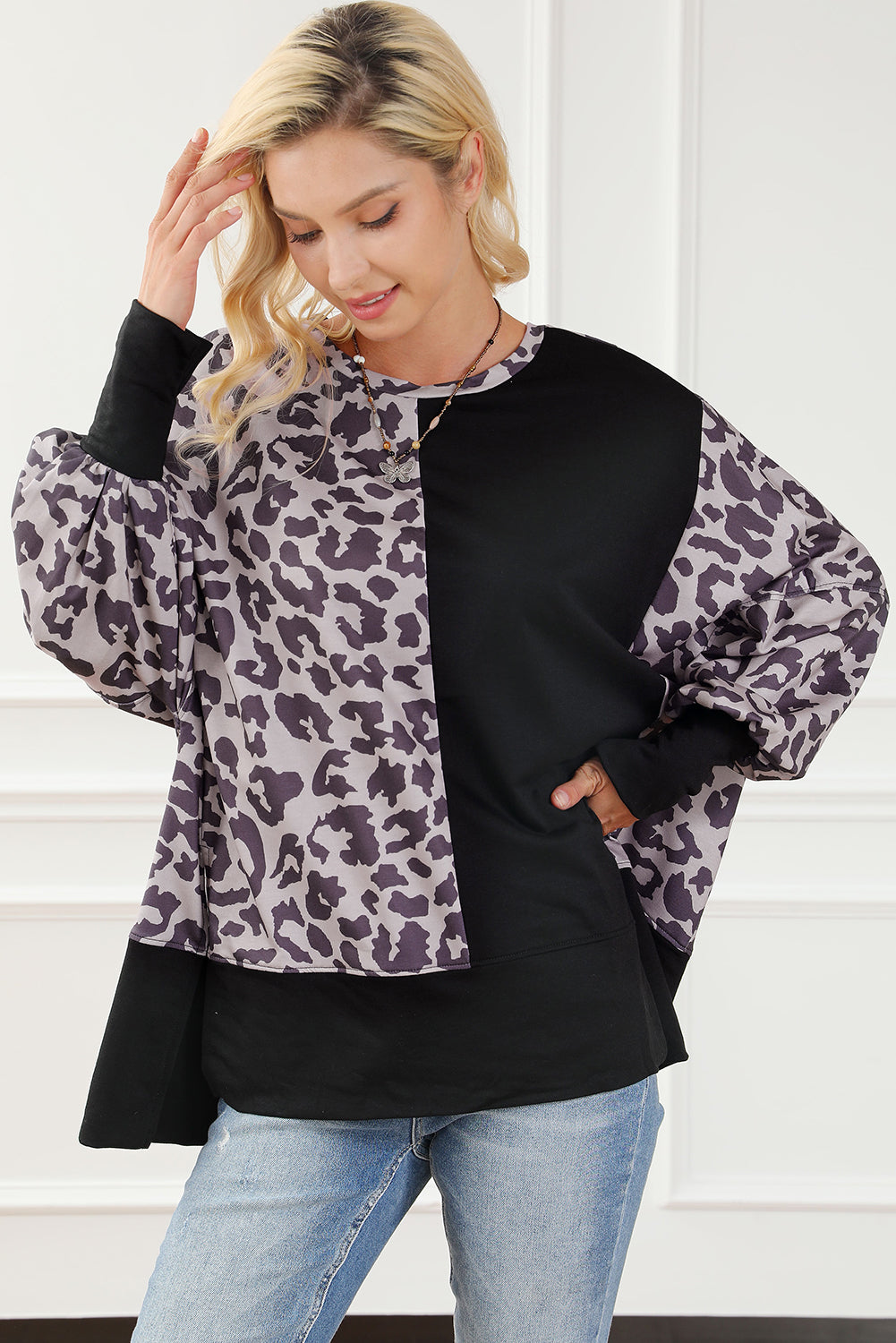 Leopard Print Drop Shoulder Slit Oversized Sweatshirt