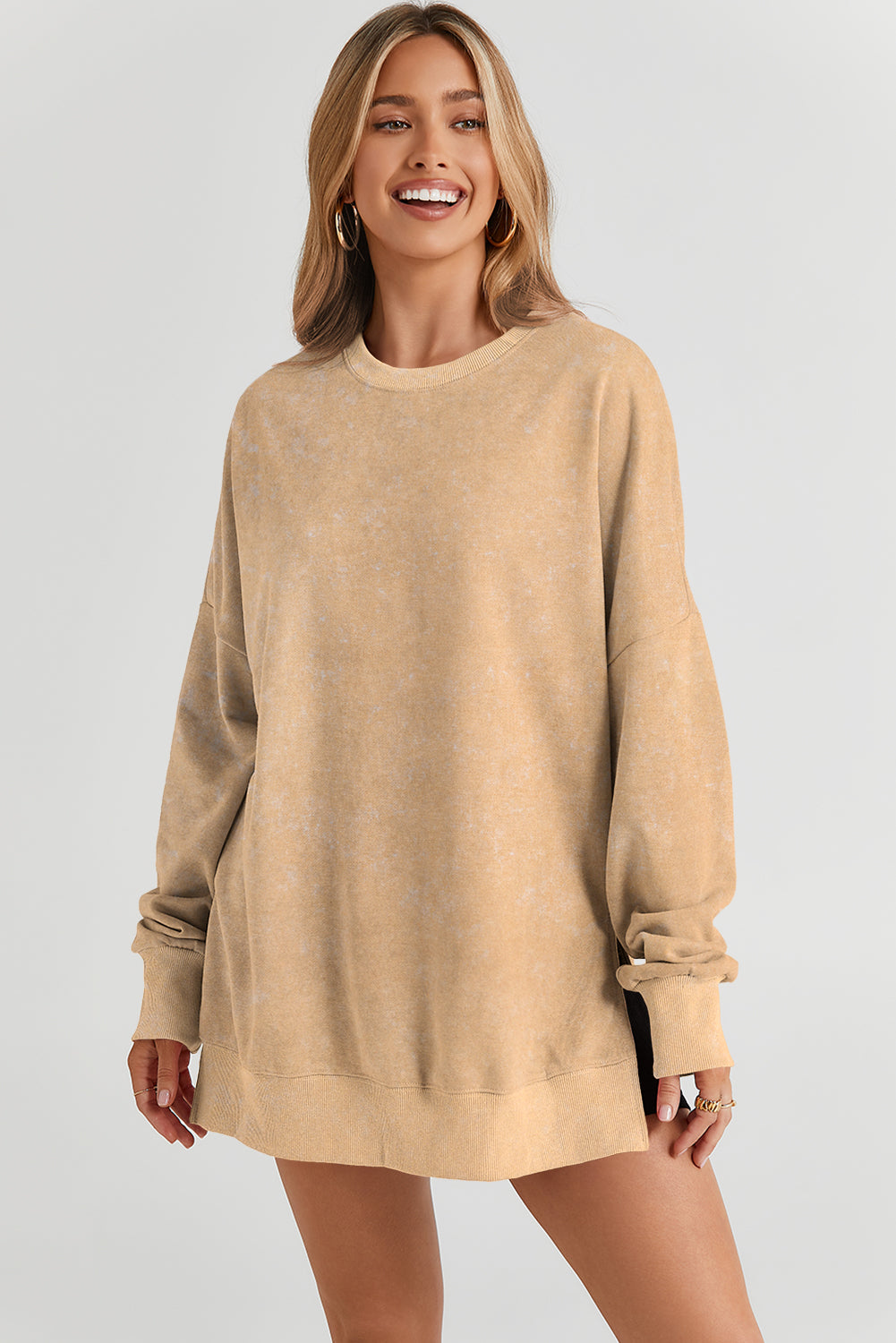 Leopard Print Drop Shoulder Slit Oversized Sweatshirt