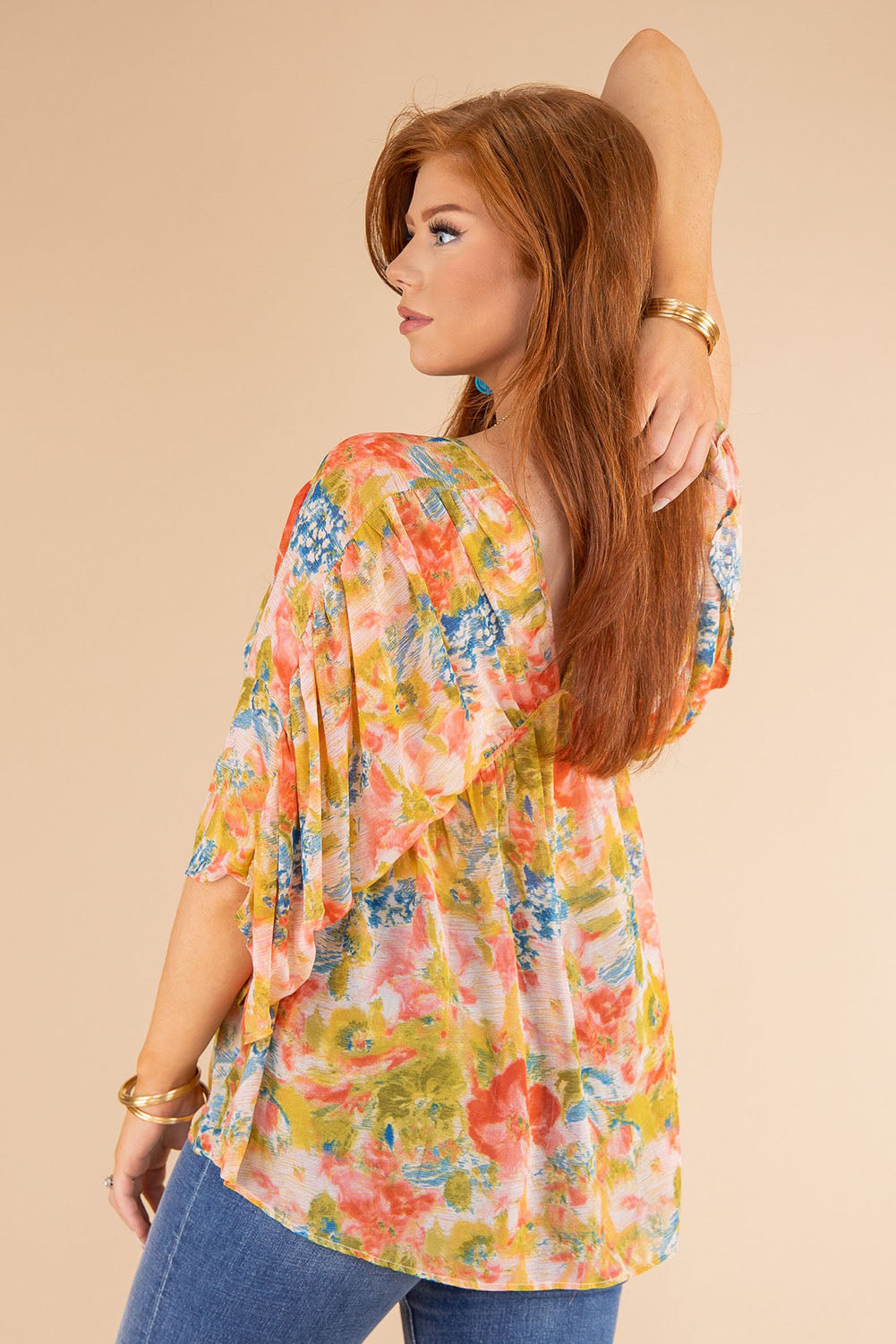 Multicolor Abstract Print Drape Sleeve V Neck Plus Size Babydoll Blouse
