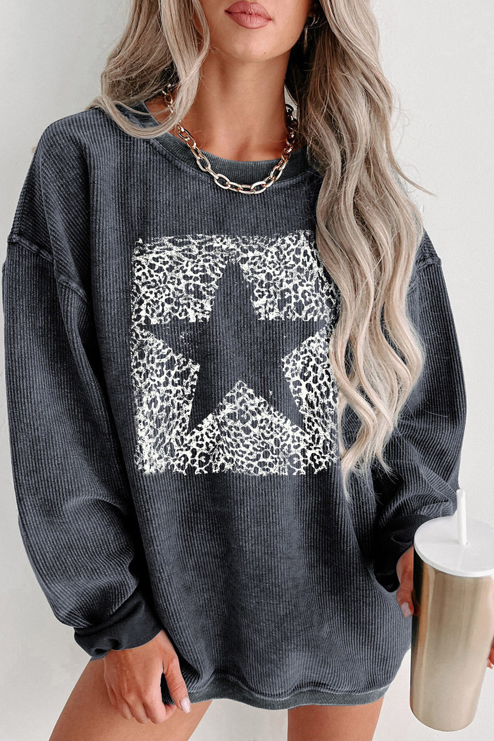 Black Plus Size Corded Round Neck Sweatshirt