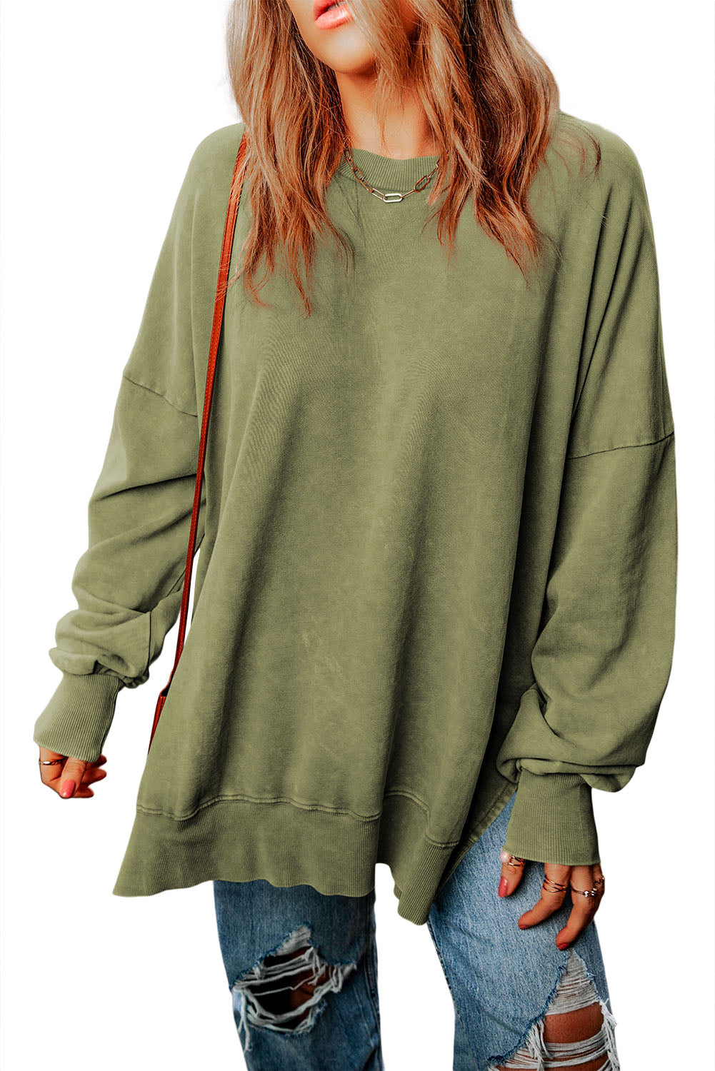 Leopard Print Drop Shoulder Slit Oversized Sweatshirt
