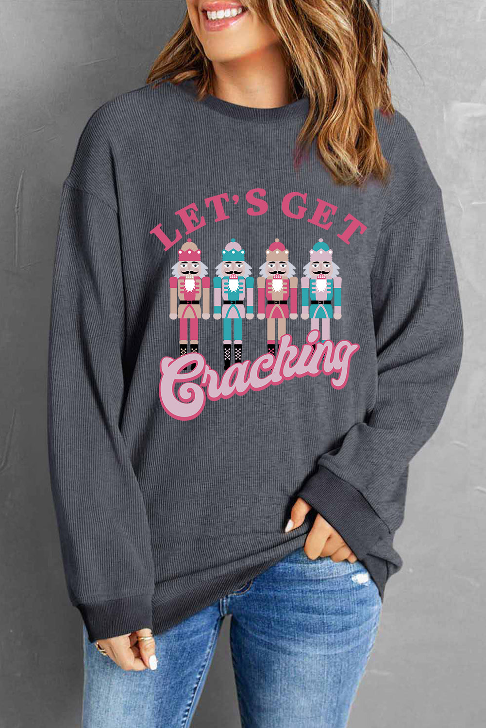 Black Plus Size Corded Round Neck Sweatshirt