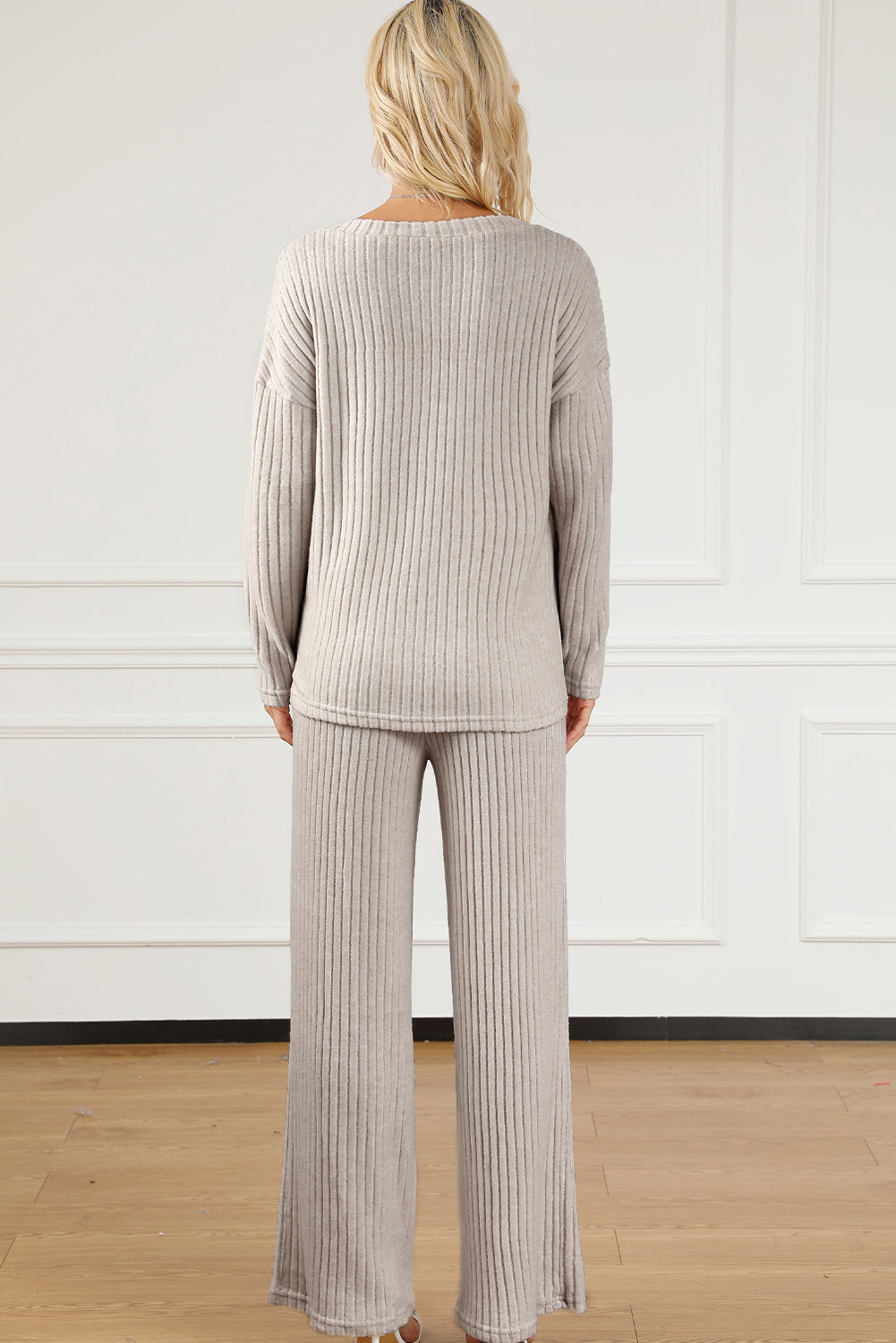 Parchment Plus Size Ribbed V Neck Pullover and Pants Set