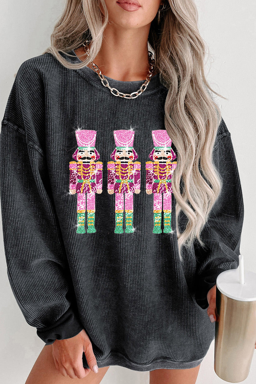 Black Plus Size Corded Round Neck Sweatshirt