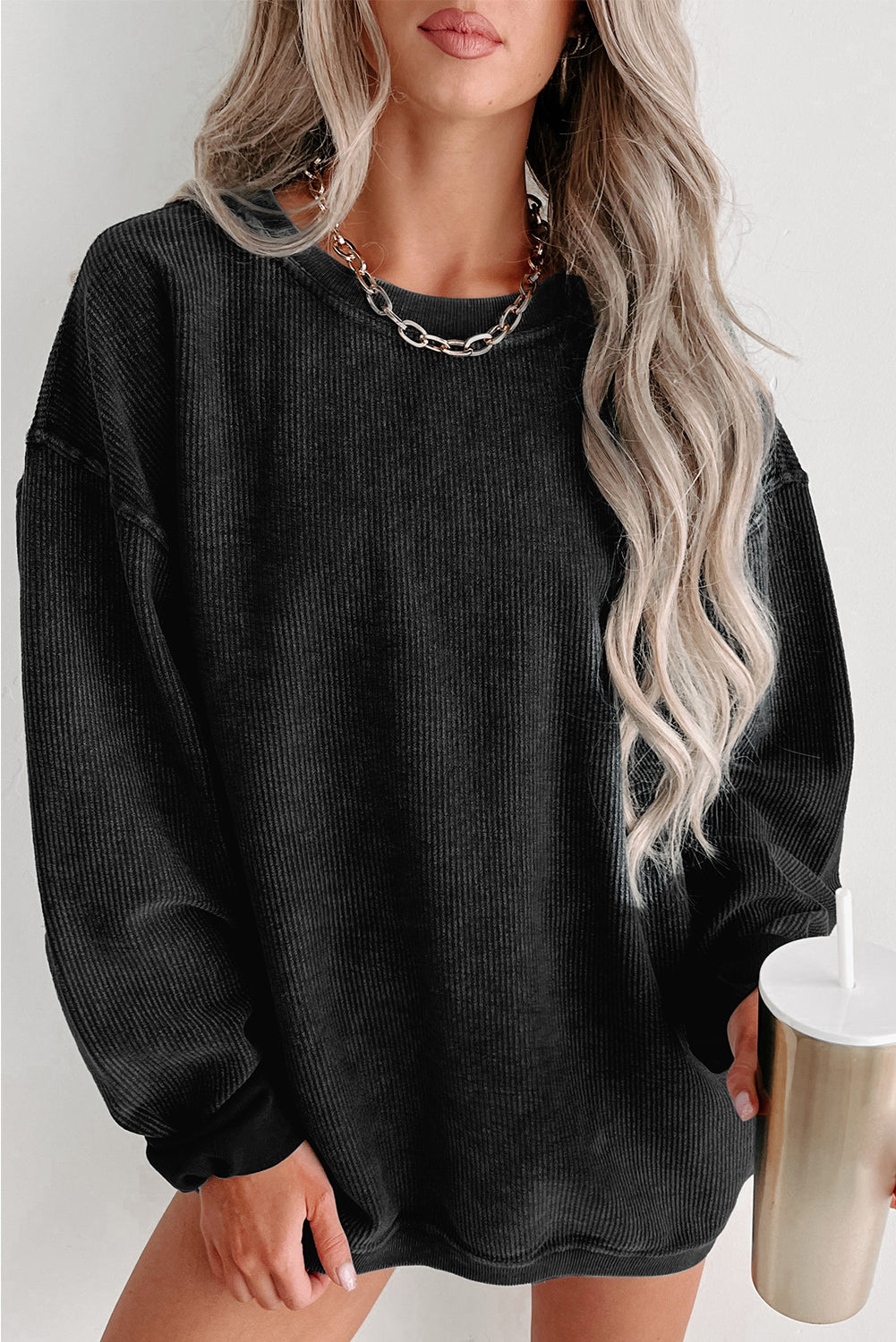 Black Plus Size Corded Round Neck Sweatshirt