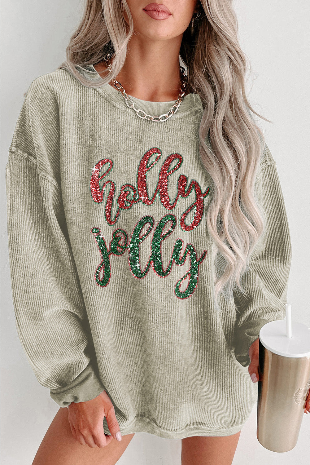 Black Plus Size Corded Round Neck Sweatshirt