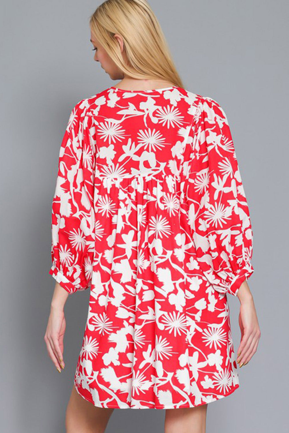 Floral Print Puff Sleeve Split Neck Babydoll Mini Dress
