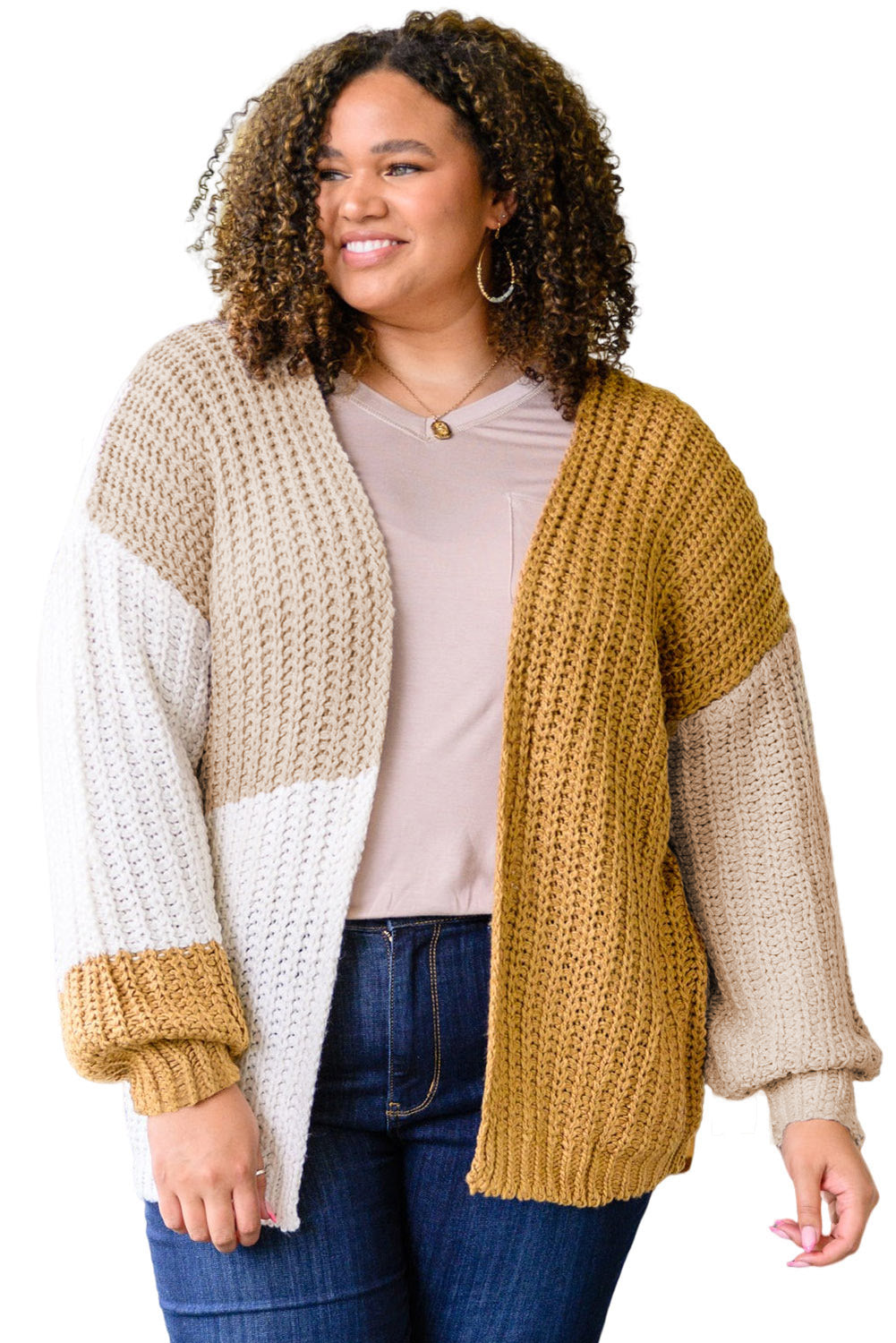 Color Block Knitted Open Front Plus Size Cardigan